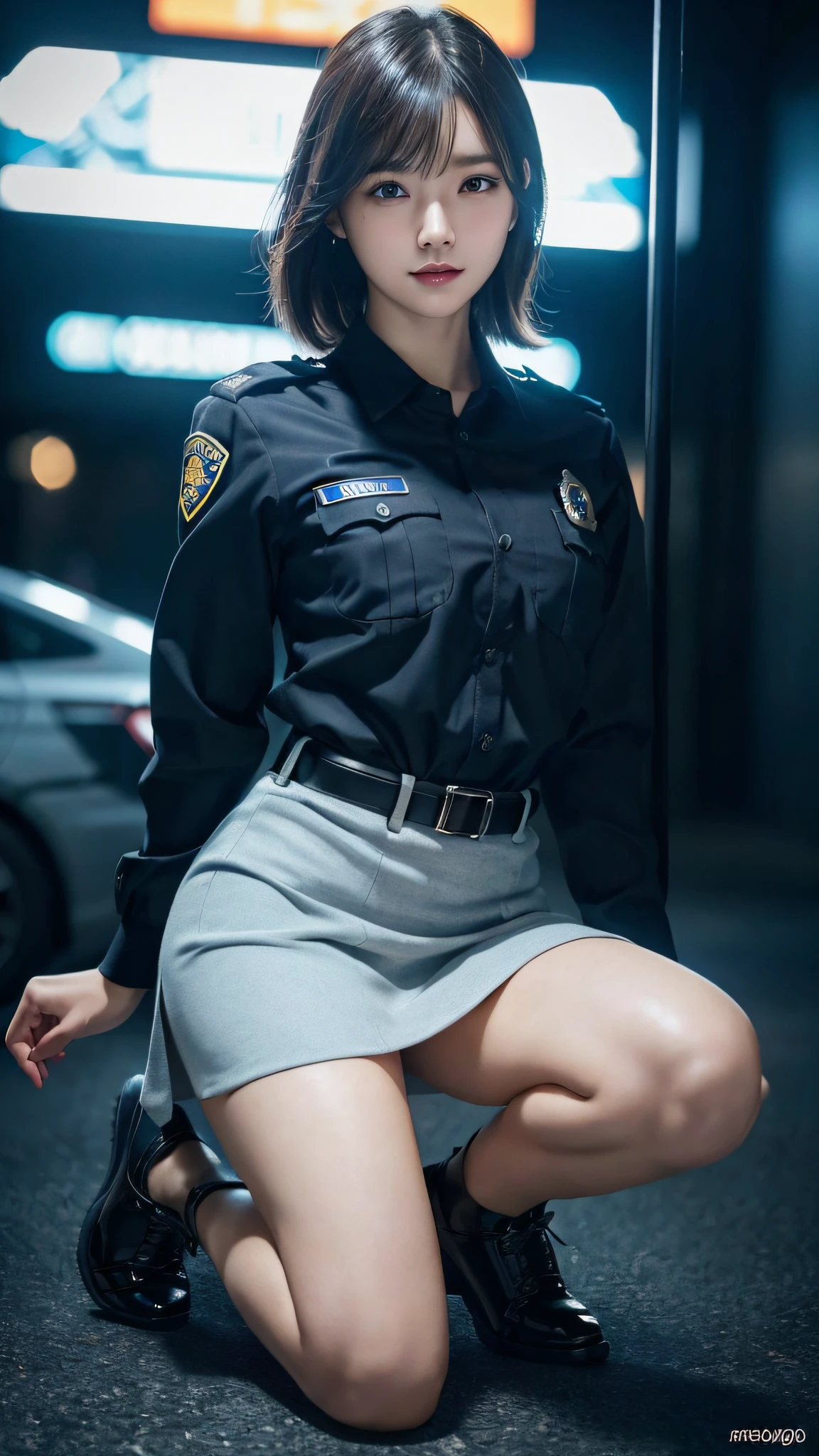 An innocent 20-year-old girl、((Police Girl, Sexy police uniform, skirt, Cute and elegant, Dramatic Pose)),nightの街の背景,Shortcuts、RAW Photos, (8k、Highest quality、masterpiece:1.2)、((Shiny skin 1.5)),(Intricate details:1.4)、(Realistic:1.4)、Octane Rendering、Complex 3D rendering with ultra-detail, Studio Soft Light, Rim Light, Sharp details, Super Detail, detailed aspects, Beautiful details in the eyes, Highly detailed CG Unity 16k wallpaper, Compensate, (Detailed Background:1.2), Glowing Skin, whole body,Hands down、Spread your legs, Black Hair, Sexy police officer in uniform, night, Facial details, from the front, Ready your gun?, refer