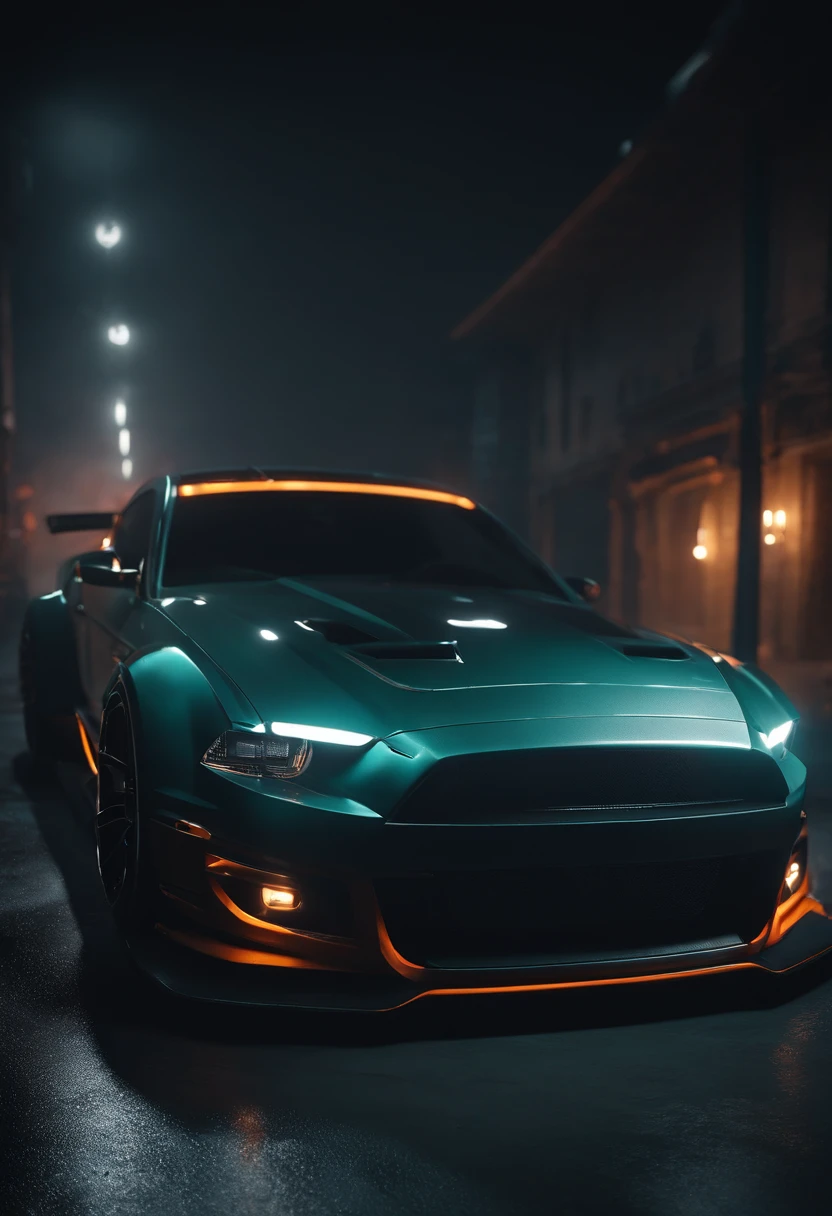 Close-up of a car in a dark room with the lights on, HQ 4K обои, Daniel Maidman Octane Rendering, Need for speed, Cinematic frontal shot, Cyberpunk Car, 3D octane rendering concept art, Hyperreal rendering, Wide body, Avant-garde 4K обои, mustang, Рендеринг 4 k, 4k render, 4 thousand. concept-artov, 4k concept art
