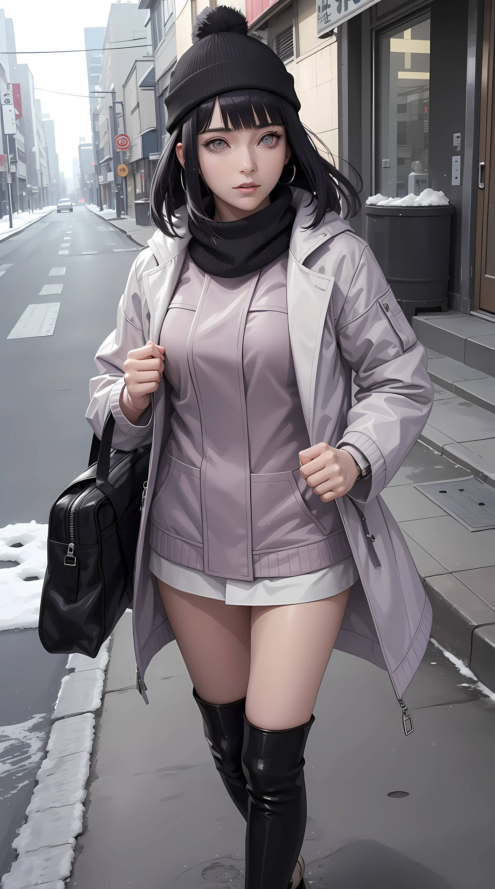 hinata\(boruto\), hinata from the anime naruto, light purple eyes, shoulder length hair, black hair, bangs, beautiful, beautiful woman, perfect body, perfect breasts, wearing a beanie, wearing a winter jacket, wearing a duffle coat, carrying bag, wearing a watch, wearing earrings, in public, being in tokyo city, being on the street, snow on the street, it's snowing, looking at the viewer, a slight smile, realism, masterpiece, textured leather, super detail, high detail , high quality, best quality, 1080p, 16k