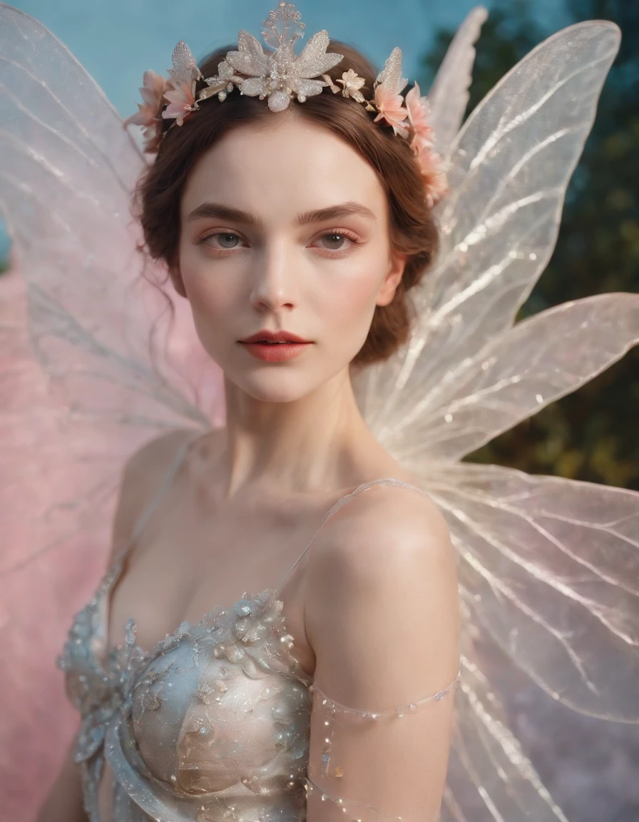 color photo of a mysterious flower fairy with transparent colorful wings, sitting in a divine light, with neon lights, holding a magic wand，axial symmetry, and a magnificent background.silver dress, high heels, flower crown, starry sky background, serene and enigmatic expression, Nikon Z7 II camera, Fujifilm Velvia 50 film, 50mm lens, high saturation, Tim Walker, David LaChapelle, Sofia Coppola, Valentino, Alexander McQueen,((close-up))