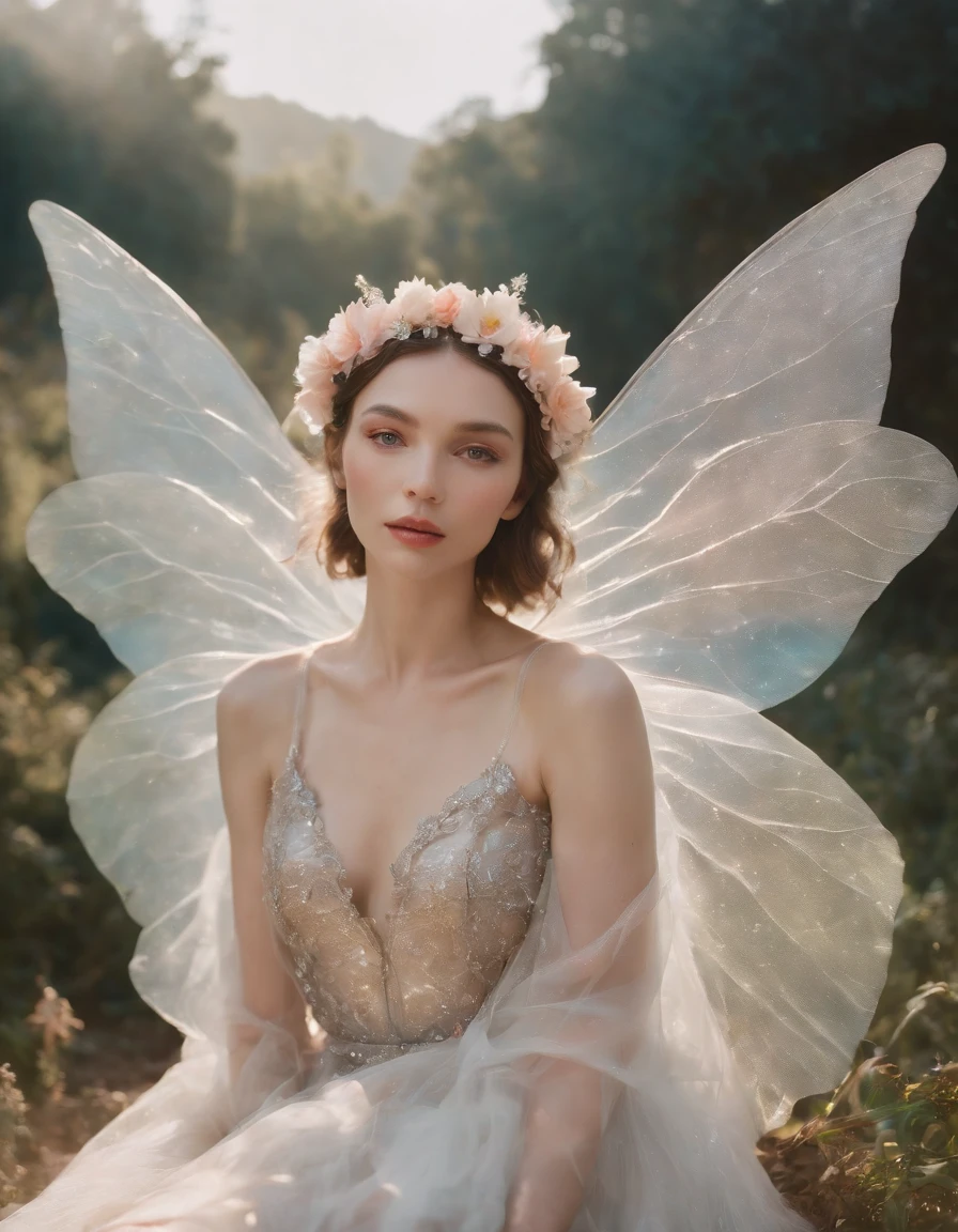 color photo of a mysterious flower fairy with transparent colorful wings, sitting in a divine light, with neon lights, holding a magic wand，axial symmetry, and a magnificent background,silver dress, high heels, flower crown, starry sky background, serene and enigmatic expression, Nikon Z7 II camera, Fujifilm Velvia 50 film, 50mm lens, high saturation, Tim Walker, David LaChapelle, Sofia Coppola, Valentino, Alexander McQueen,((close-up))