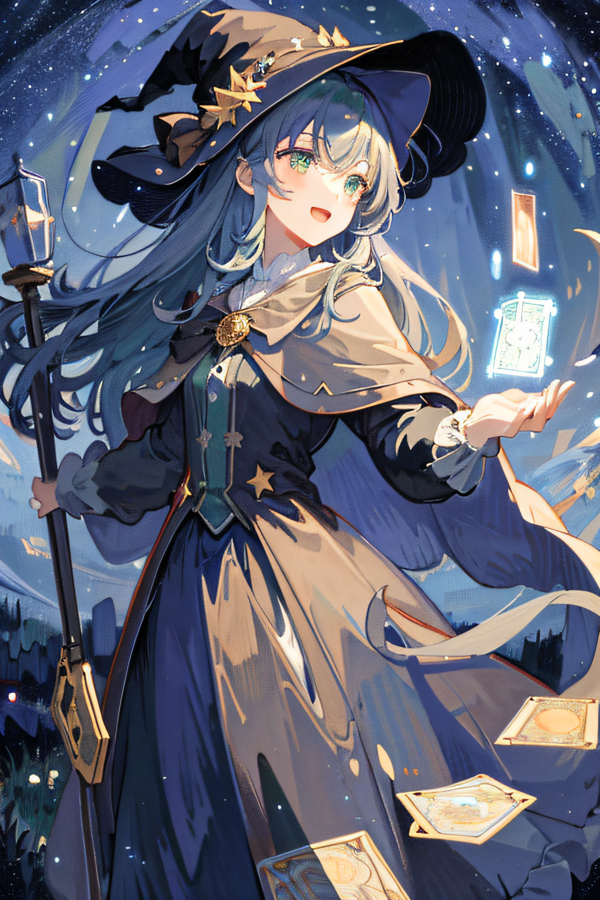((Masterpiece:1.2, Best quality)), 1girll, Solo, (Witch hat), Gray-brown hair, Long hair, dress, aurora, Night, Star (sky), mitts, sky, White dress, Night sky, Open mouth, Starry sky, Green eyes, ribbon, Very long hair, Red dress, Smile, Hair ribbon, Cape, Blue hair, (Bird), magic, casting spell, Dark clouds, Night, (Impressionism:1.4), (tarot:1.3), Alphonse Mucha,