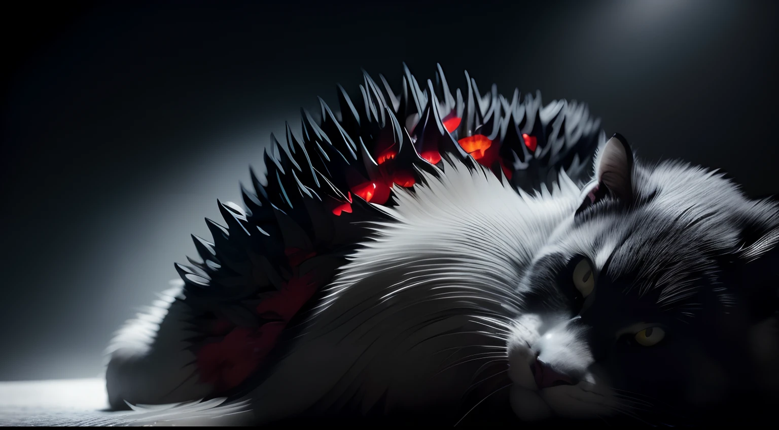 Best quality,Masterpiece,超高分辨率,(Photorealistic:1.4)Big cat,Fierce，Pounce on the camera,(Dynamic Angle),True blood,Angry,Gape,red - eyed,White fangs,(White hair), red color eyes, (full bodyesbian), (((Claws))), Blood drop,Blood fog, Floating hair，Splashing blood,(blood stain),