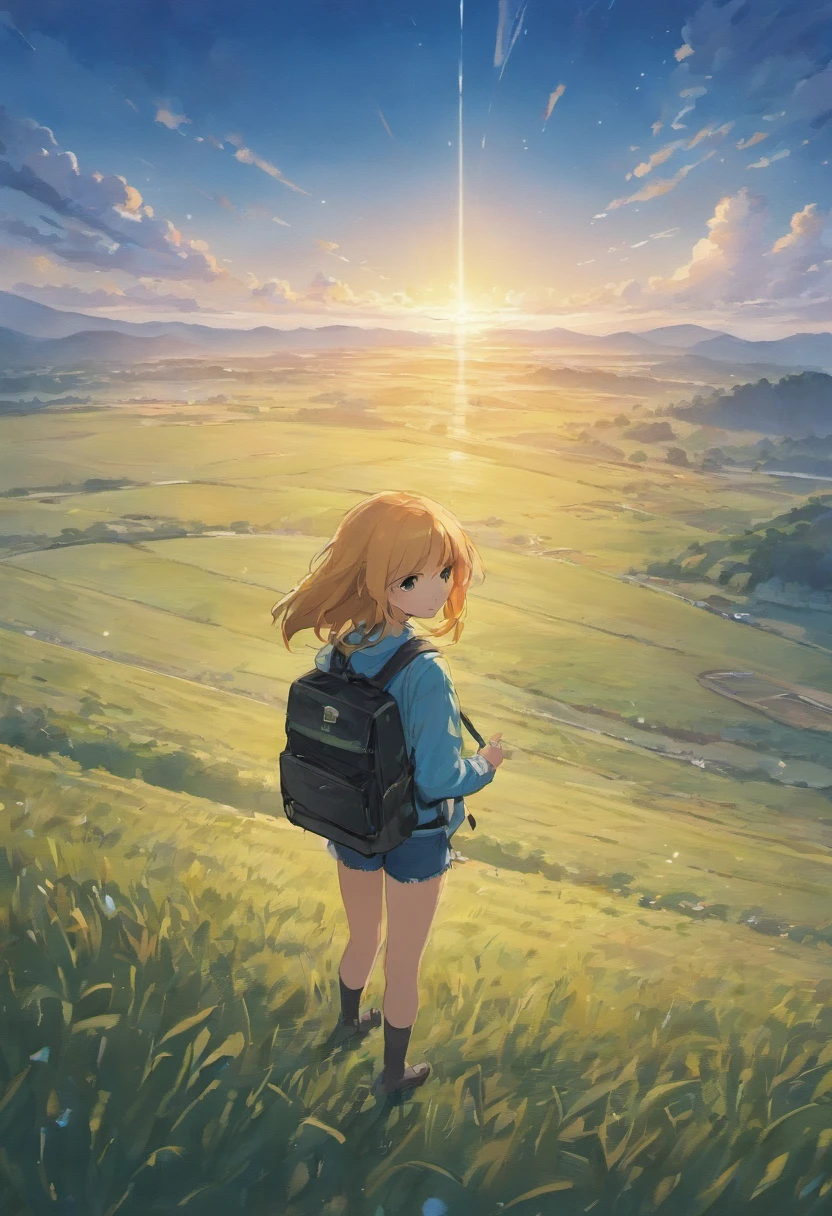 Wide sky。the beautiful skyline。large grassland。and its tense and dramatic pictures。moving visuals，Hanging North Star and colorful natural light，A long-sleeved top，denim short。There is also a backpack girl