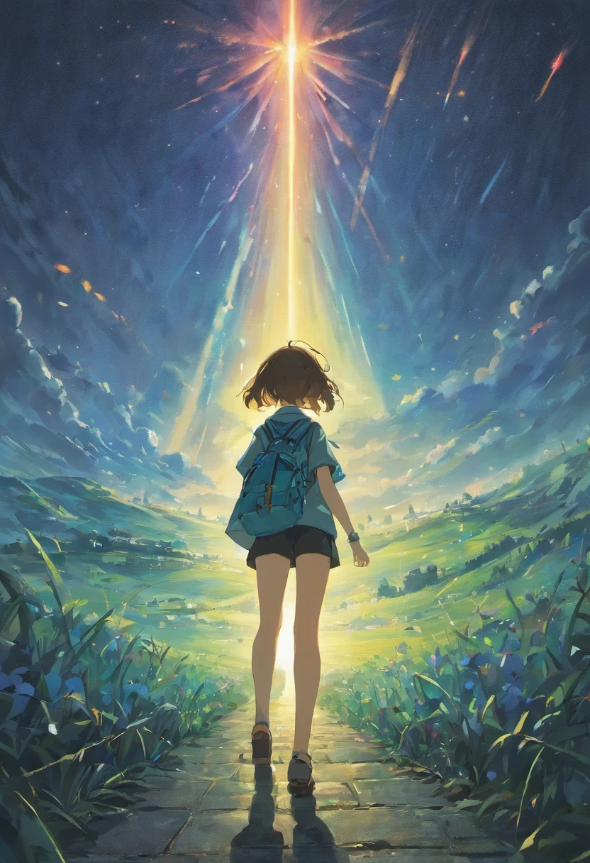 Wide sky。the beautiful skyline。large grassland。and its tense and dramatic pictures。moving visuals,Hanging North Star and colorful natural light,A long-sleeved top,denim short。There is also a backpack girl