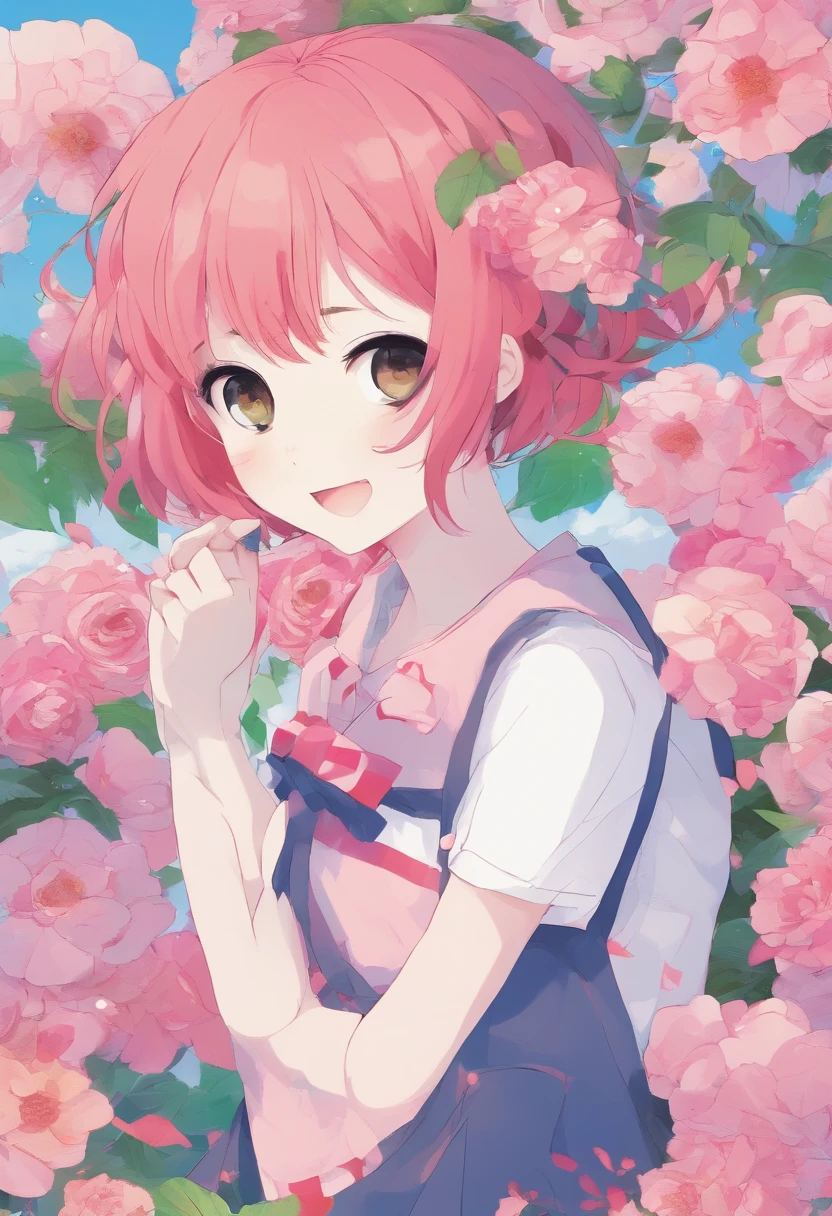 Adorable anime girl with short film, cheveux roses, A mischievous smile, and a love for playing pranks on his friends.