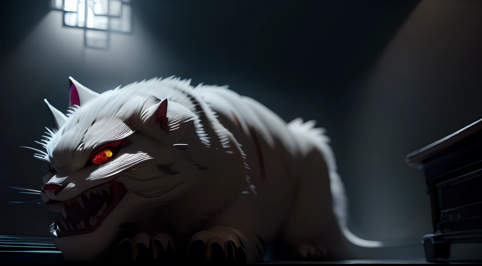 Best quality,Masterpiece,超高分辨率,(Photorealistic:1.4)Big cat,Fierce,Pounce on the camera,(Dynamic Angle),True blood,Angry,Gape,red - eyed,White fangs,(White hair), red color eyes, (full bodyesbian), (((Claws))), Blood drop,Blood fog, Floating hair,Splashing blood,(blood stain),