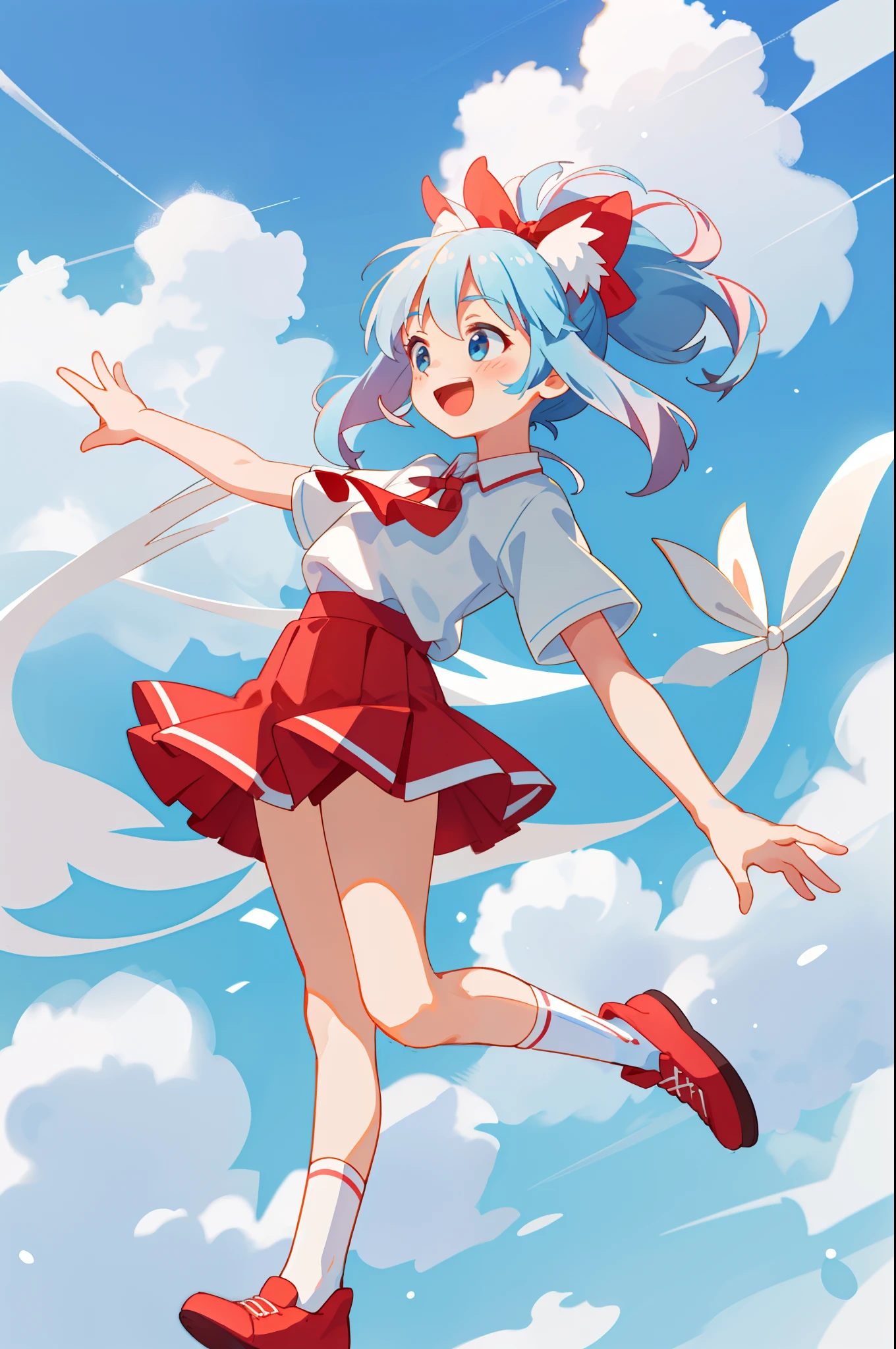 1girll, Solo,exteriors,with blue sky and white clouds,s delicate face,White shirt, Red skirt, Socks, double tails,Opens mouth and laughs, sport,wholesome,Correct anatomy,perfectly proportions,Best quality at best,8k wallpaper,Best quality,Cinematic texture,