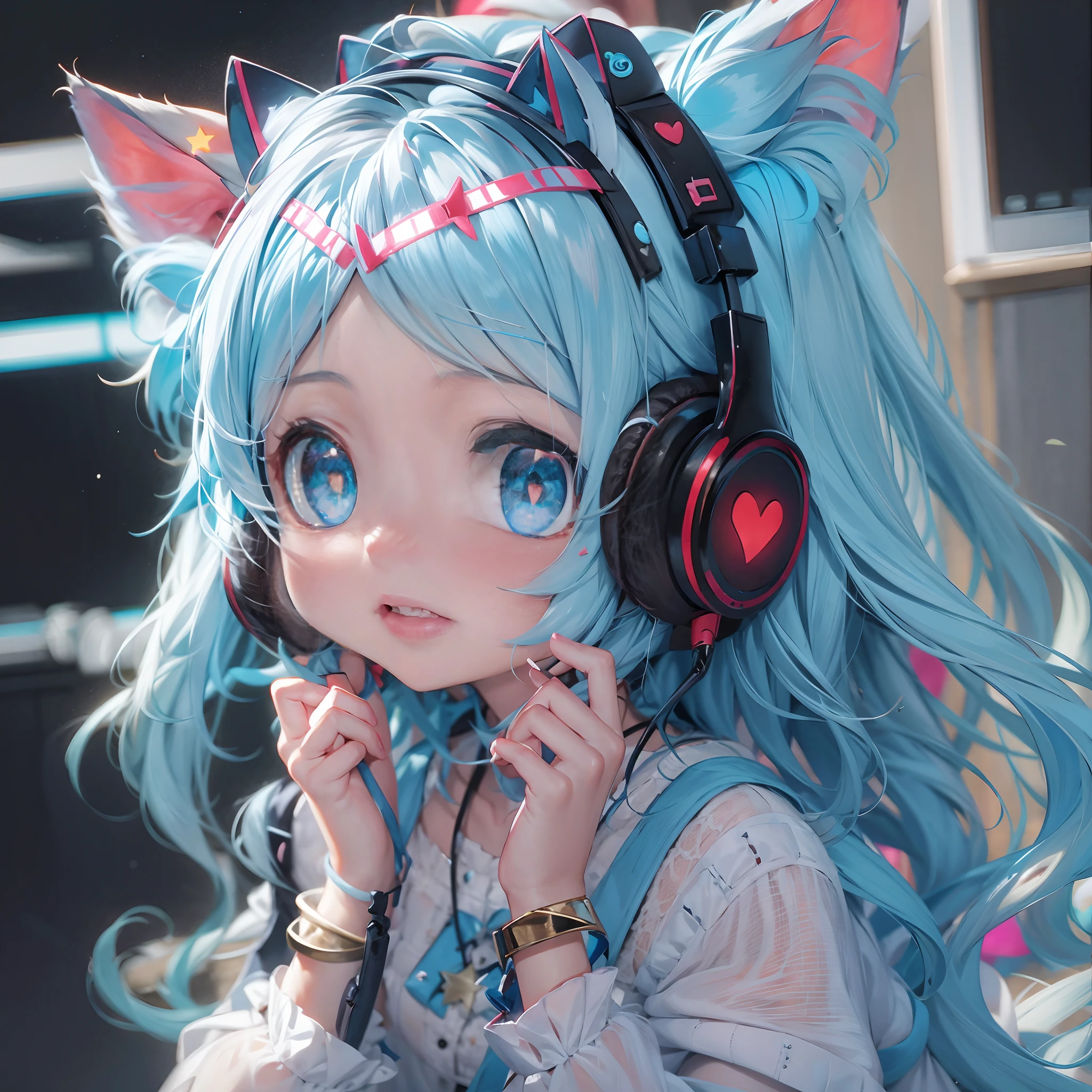 1***********, adolable, light blue hair, very long hair, hair bobbles, jewelry, star-shaped pupils, cat ear headphones, heart in eye, Expressionism, Pixar, anaglyph, silhouette, first-person view, UHD, super detail, textured skin, best quality, highres, high quality