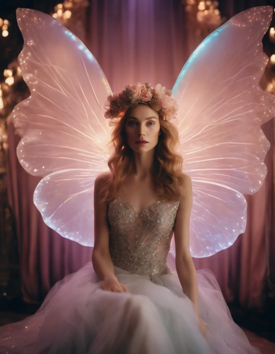 color photo of a mysterious flower fairy with transparent colorful wings, sitting in a divine light, with neon lights, holding a magic wand,axial symmetry, and a magnificent background,silver dress, high heels, flower crown, starry sky background, serene and enigmatic expression, Nikon Z7 II camera, Fujifilm Velvia 50 film, 50mm lens, high saturation, Tim Walker, David LaChapelle, Sofia Coppola, Valentino, Alexander McQueen,((close-up))