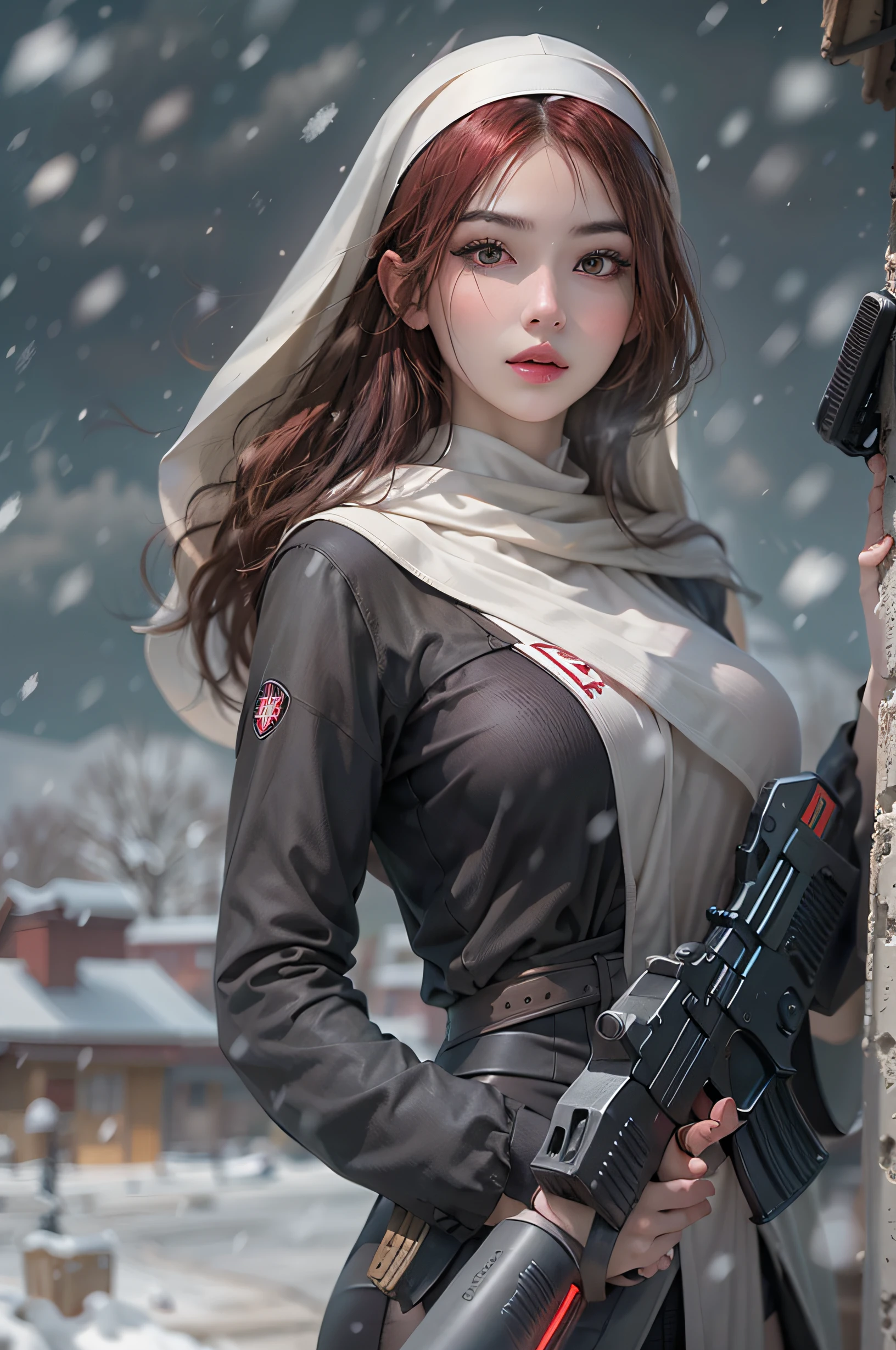 Photorealistic, high resolution, Beautiful tall woman, Solo, Hips up, view the viewer, (Detailed face),red tinted hair, Long hair, Young lady nun costume, Stockings,Snow background, Girl aiming AK-47 assault rifle