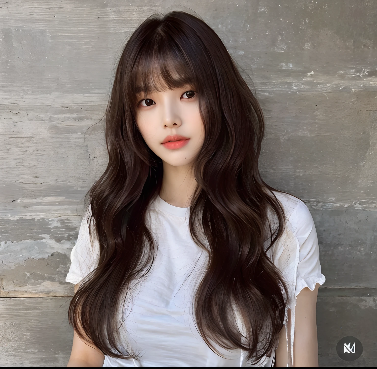 Close-up of a woman with long hair in a beige shirt, Long brown hair with bangs, long hair with bangs, Long hair with full bangs, brown hair with bangs, Bangs split in the center, neat hair with bangs, brown hair and bangs, Brown bangs, With bangs, Bangs and wavy hair, long bangs, long black hair with bangs, Curtain bangs, Kim Tae-hee's face,Natural Background