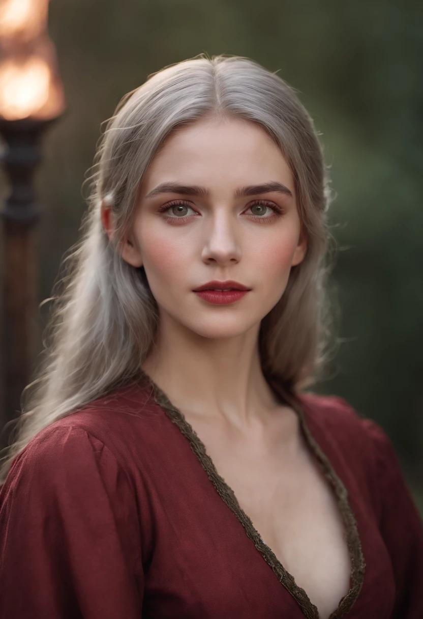 (((A deep red wound streaked across her left cheek))) Fair complexion, A woman around 19 years old, Natural gray hair, Unique green eyes, Wear Cole, Slender and graceful, Beautiful, Candlelight in a medieval setting, super sharp focus, realistic lens, Medieval women's clothing, Four colors (Scar:1.4)
