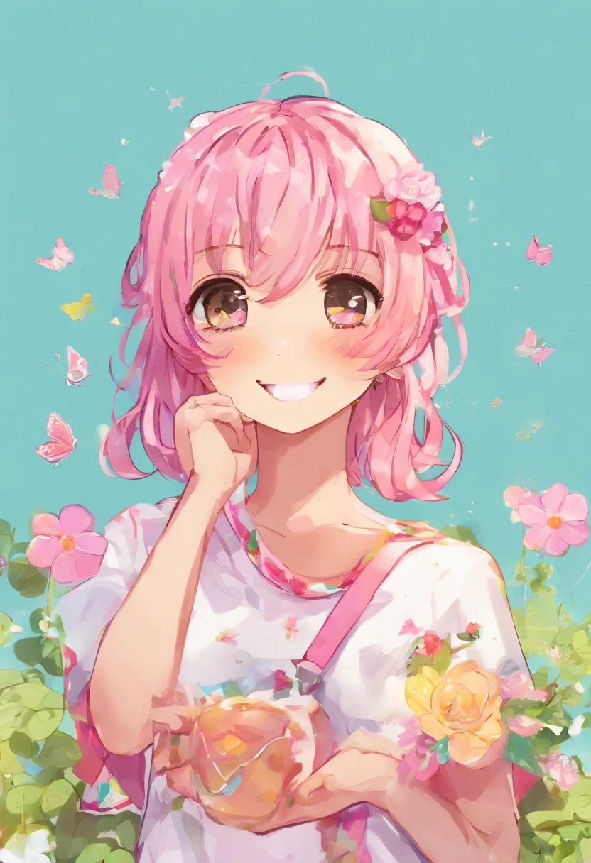 Adorable anime girl with short film, cheveux roses, A mischievous smile, and a love for playing pranks on his friends.