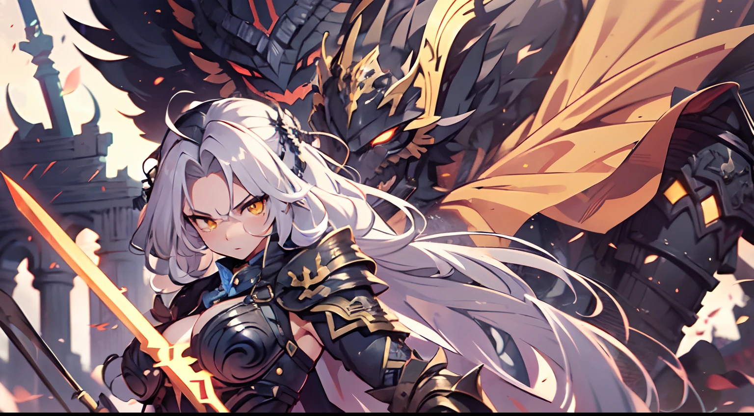 ((Highest quality)),(Ultra-high resolution),(Super detailed),(Detailed Description),((The best CG)),(masterpiece),Highly detailed art,(Art with precise detail:1.5), (Rugged armor with a dragon motif:1.5),(Beautiful and well-proportioned face:1.3),(Red glowing eyes:1.3),(Scale skin:1.9),赤い唇から覗くsharp牙:1.3,Giant bat wings:1.4,nail,sharp,disaster々Wearing a bright aura:1.4,