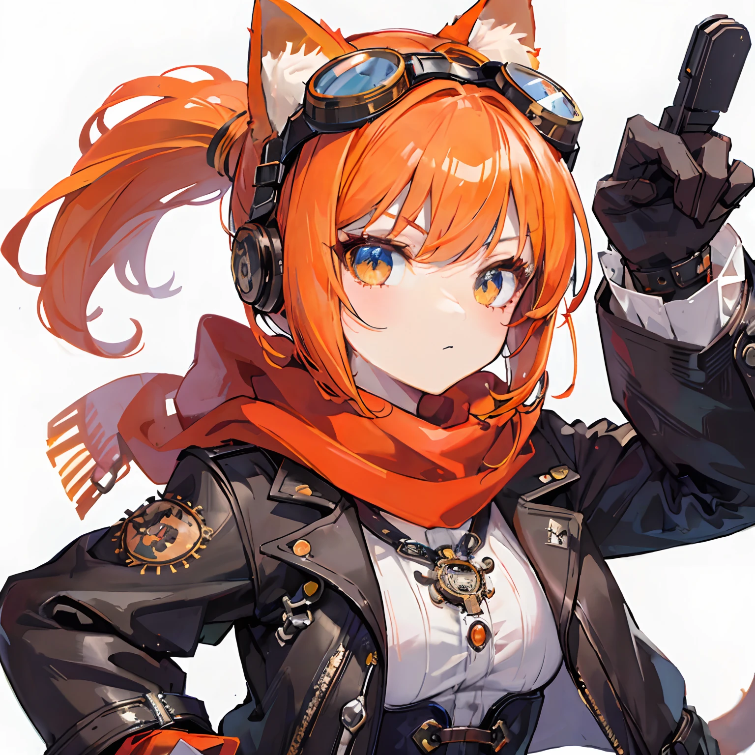 Best Quality,ultra-detailliert,masuter piece,1girl in,Game Character,Gas Hero,((upper body,White background, ), Dynamic Angle, Dynamic Pose, kawaii,Cool,Detailed face, Beautiful detailed eyes, Glowing pupil eyes,((Shiny bob hair,Orange hair,Cat ears, goggles on head,red scarf)),Cat tail,Steampunk style,Gothic punk fashion,White background