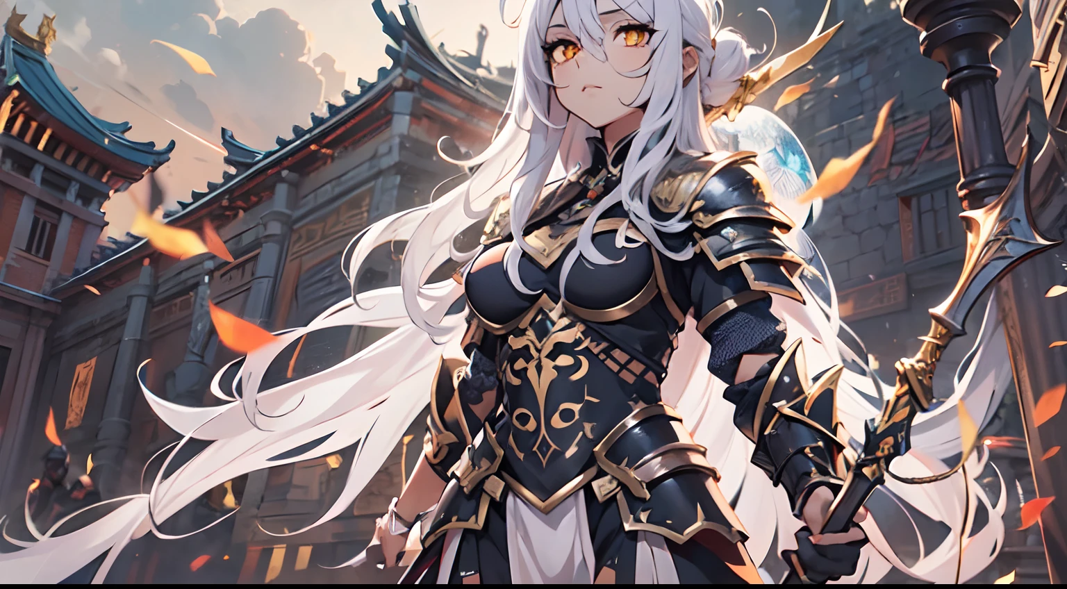 1 Girl, Xin From Kingdom Anime, Armored With Pure Black Warlord Armor With A Cape, Ultra High Definition, 8k, Handsome, Black And Yellow Pupil Eyes, Long White Hair, Ancient Kingdom Background, Extremely Detailed, Holding A Long Spear, Body To Leg Body Shot,