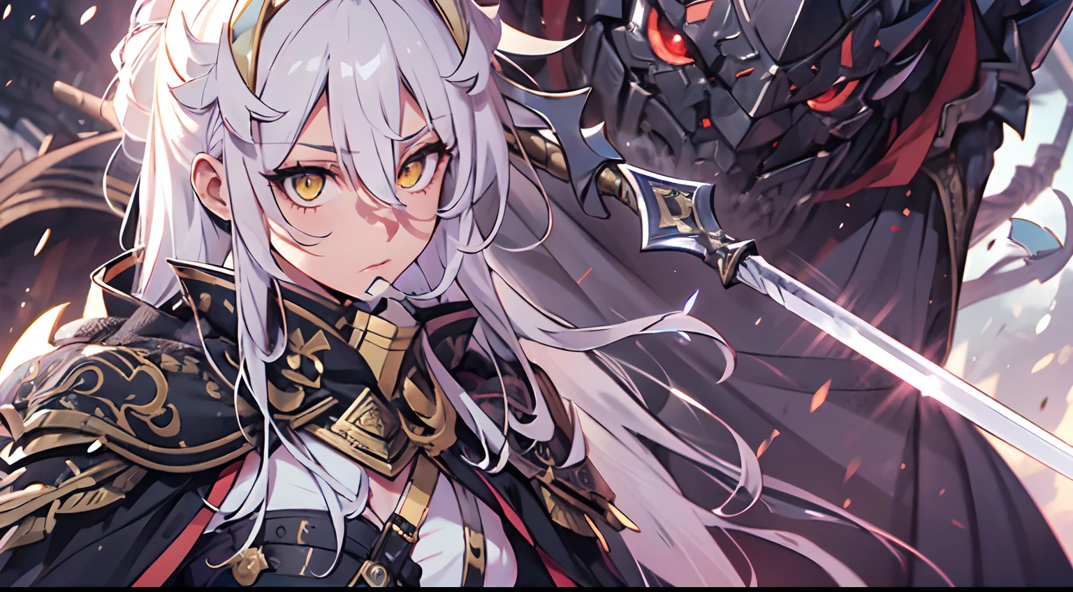 1 Girl, Xin From Kingdom Anime, Armored With Pure Black Warlord Armor With A Cape, Ultra High Definition, 8k, Handsome, Black And Yellow Pupil Eyes, Long White Hair, Ancient Kingdom Background, Extremely Detailed, Holding A Long Spear, Body To Leg Body Shot,