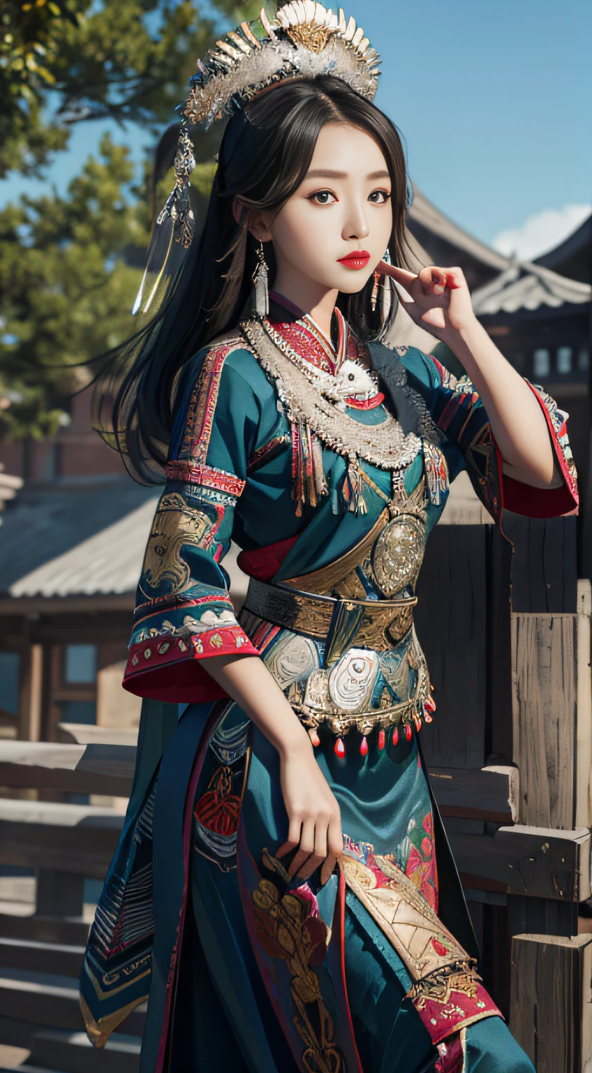 A Hmong,a beauty girl,are standing,Tall and tall,Big eyes melon seed face,Pretty and charming,Peugeot facial features