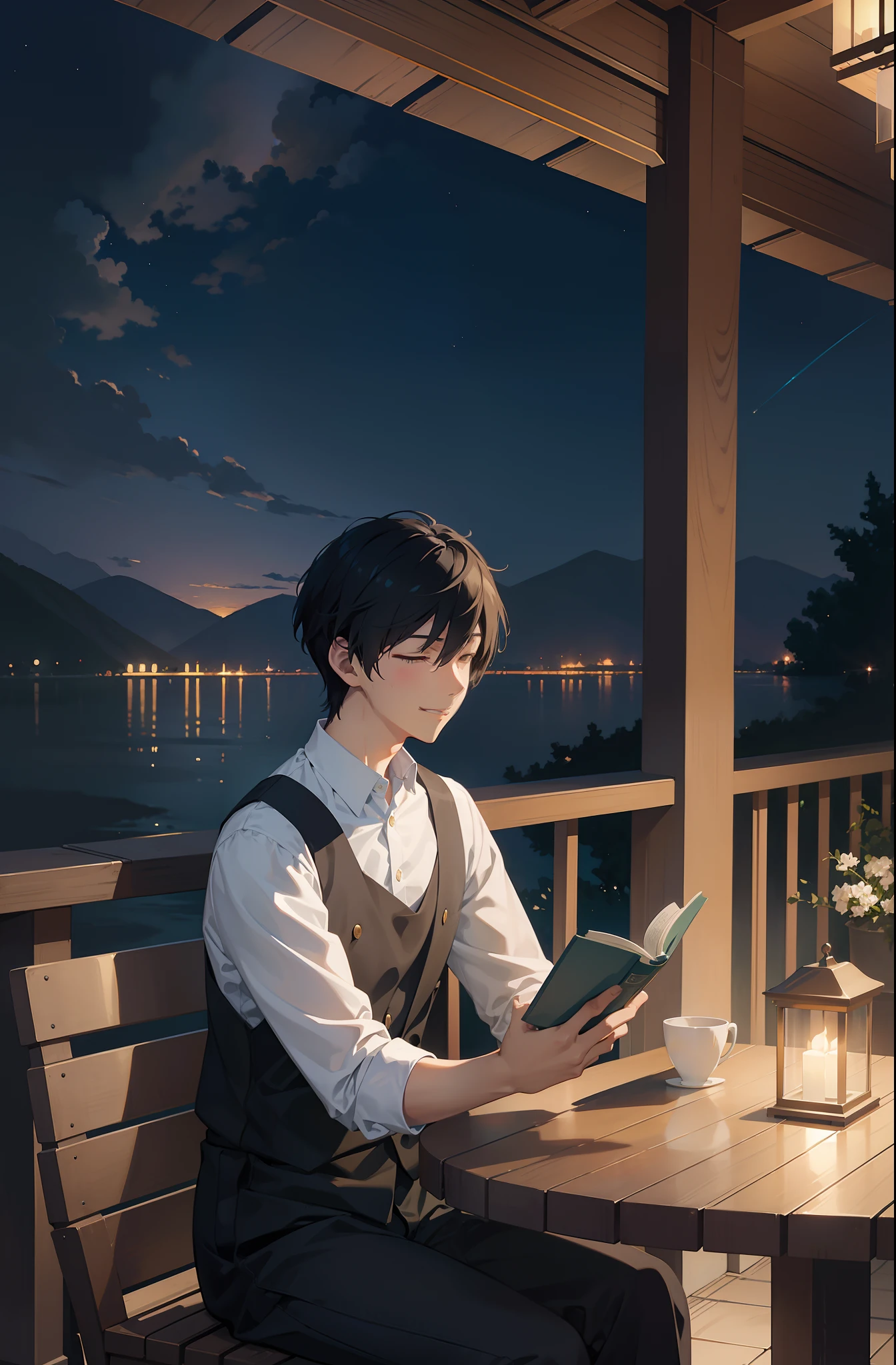 Create exquisite illustrations reminiscent of Makoto Shinkai's style, It has ultra-fine details and top-notch quality. The young man closes his eyes、I'm smiling a little