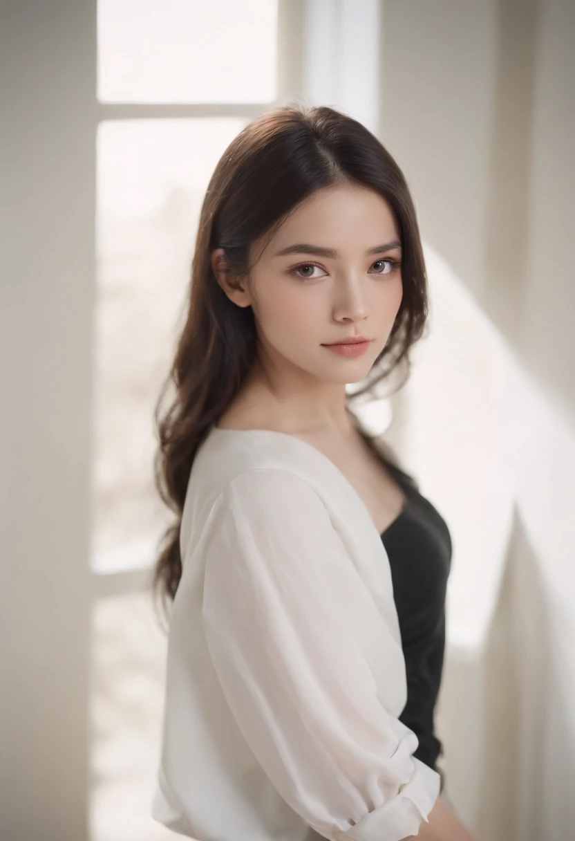, Visible from the white shirt (((Masterpiece, Highest quality)), , 1 girl, (Photorealistic: 1.4), Solo, White background, Black hair, Long hair, Absolute area, Skirt, ((full bodyesbian)),