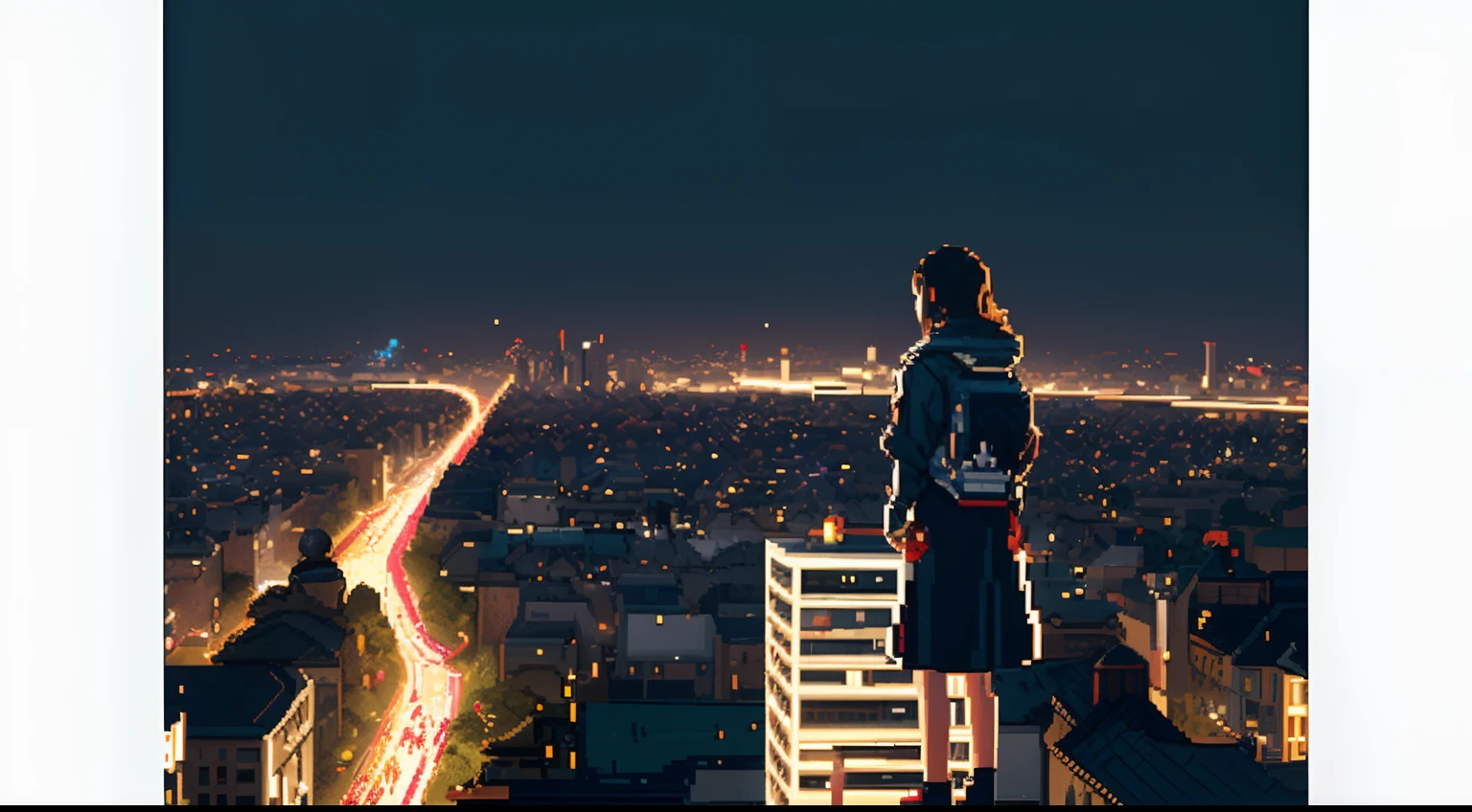 masterpiece, ((best quality:1.2)), wallpaper 8k, ((extremely detailed:1.2)), ((pixel art:1.2)), a girl standing on the building looking at the city midnight view, aesthetic