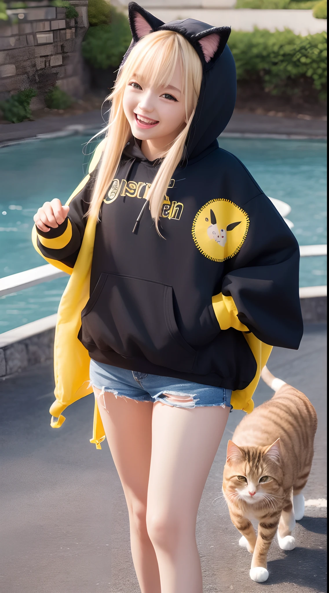 (masterpiece, highest quality, highest resolution, distinct_image, detailed details) A woman, 28 yo, wearing oversized hoodie combination of dark blue and yellow, hoodie design 