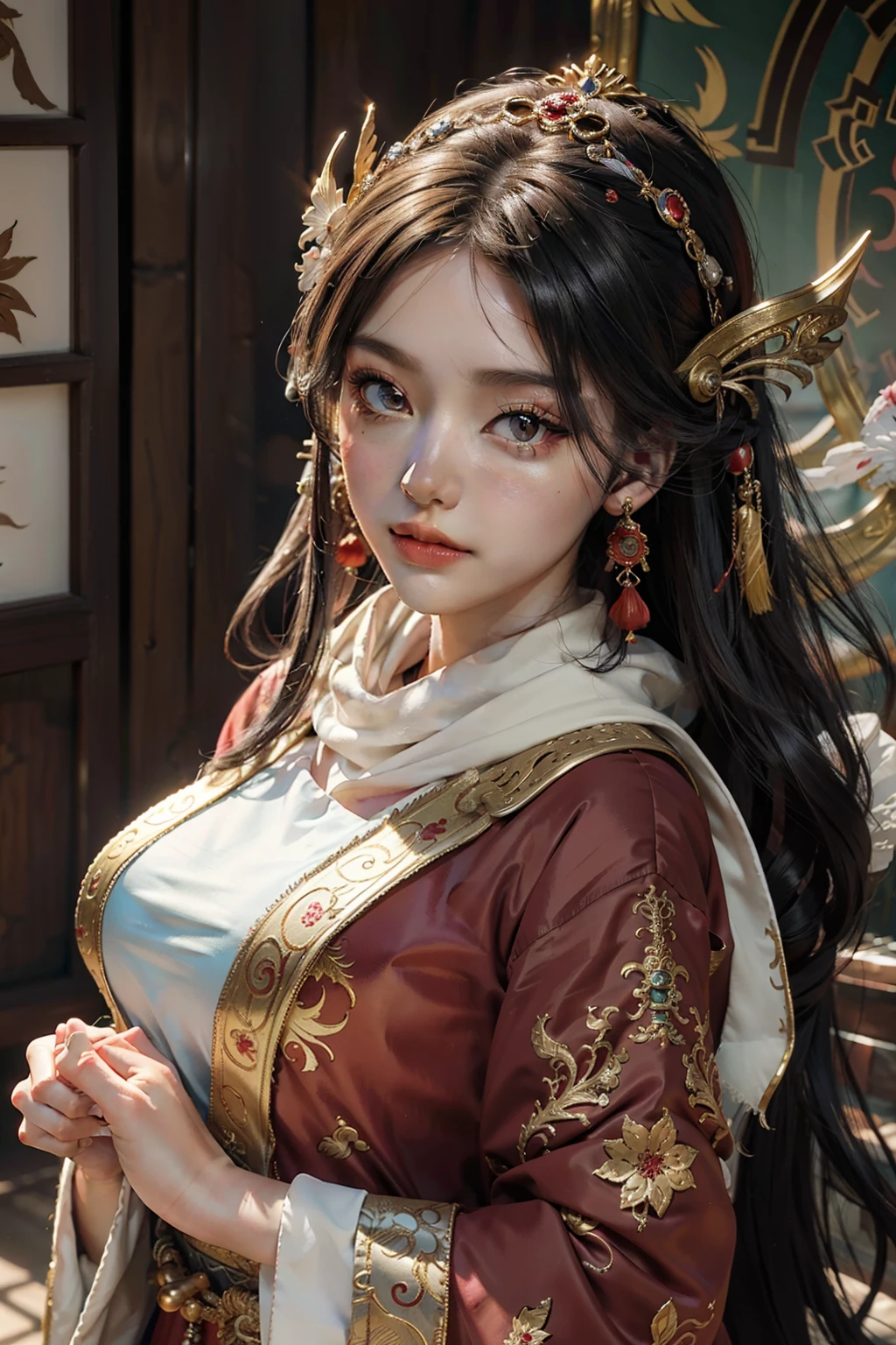 offcial art,Extremely detailed,oil painted,sputtering,1girll,The facial features are delicate and beautiful, non blurry,Red eyeshadow,light make-up,Gorgeous damask and silk accessories,Gorgeous feathers and headdresses,Chinese immortals,Female fairy,The sleeves flutter,The scarf flutters,Light smile,The girl is in the center of the frame,Full of fairy,The is very detailed,Ultra-high sharpness,超高分辨率,8K,Ray traching,lightand shade contrast,Deng Huang mural,realisticlying,3D,Full body photo,