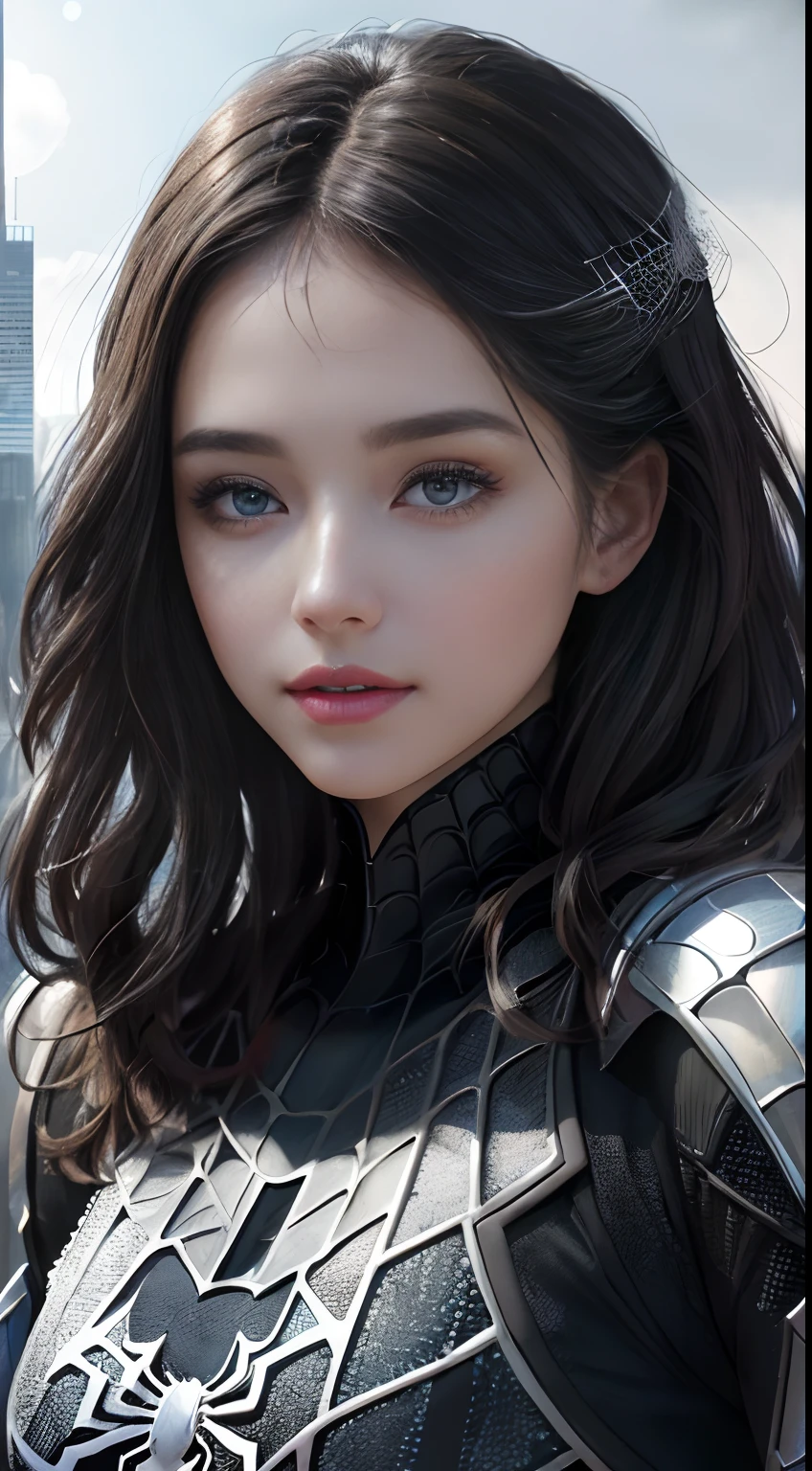 (1girll:1.3), Solo, (((Very detailed face)))), ((Very detailed eyes and face)))), Beautiful detail eyes, Body parts__, offcial art, Unified 8k wallpaper, Super detailed, Beautiful and beautiful, Beautiful, Masterpiece, Best quality, Original, Masterpiece, ultra fine photos, Best quality, Super high resolution, Realistic realism, Sunlight, Full body portrait, Amazing beauty, Dynamic pose, Delicate face, Vibrant eyes, (From the front), She wears a Spider-Man black suit, Black and white color scheme, spider, Very detailed city roof background, Rooftop, Overlooking the city, Detailed face, detailed complex busy background, Messy, Gorgeous, Milky white, Highly detailed skin, Realistic skin details, Visible pores, Clear focus, volume fog, 8K  UHD, Digital SLR, High quality, filmgrain, Fair skin, Photo realism, DL, futuristic dystopian megalopolis, Translucent