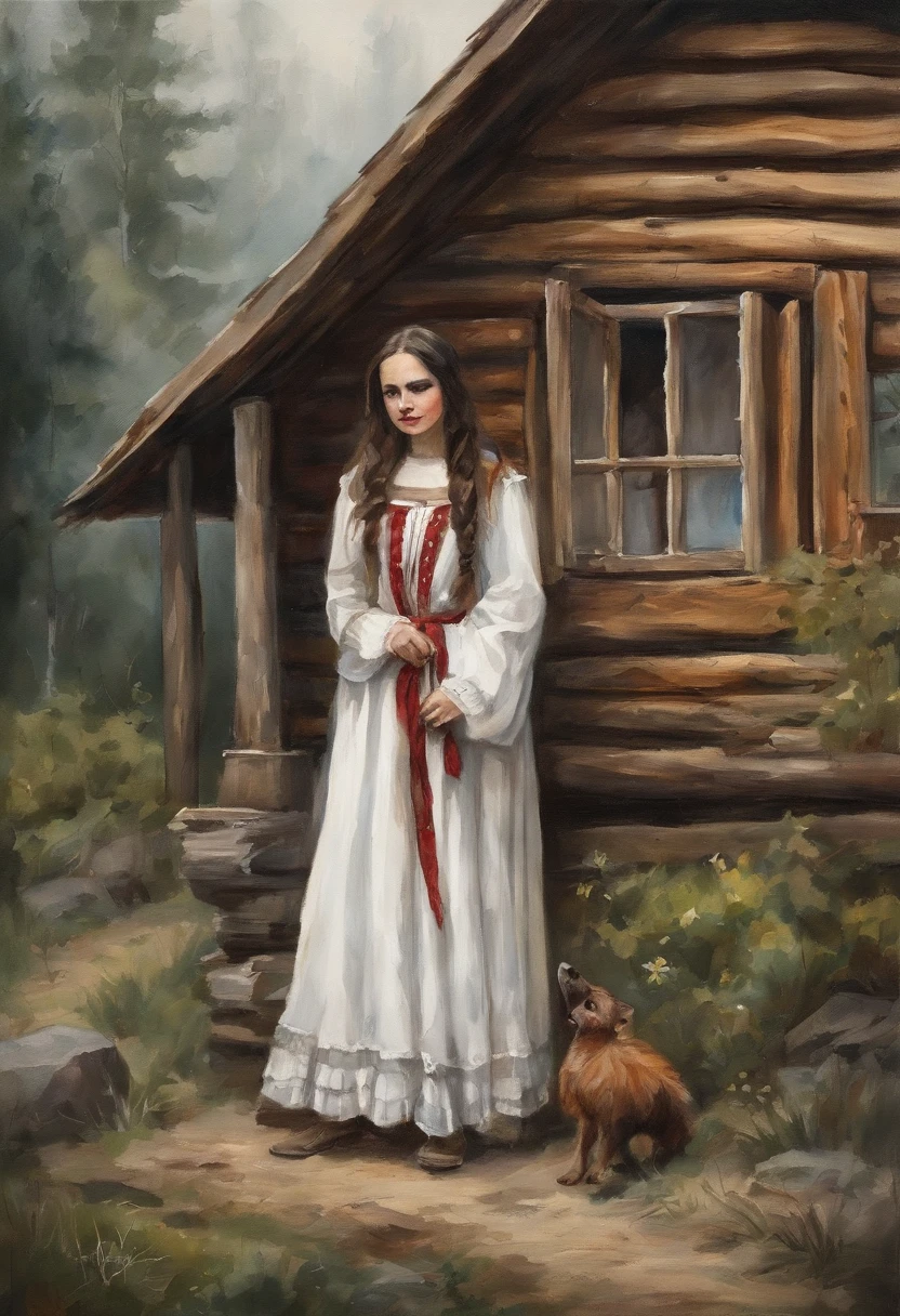 Young girl, Girl 17 years old, Cowboy shot of beautiful brunette, Beautiful, long braids of dark black hair, hands on thighs, brown eye, White dress with red ornate ruffles, tape, white cape on the shoulders, letho, woods, the night, lunar crescent Gloomy atmosphere, The dark forest behind you, There are clouds in the sky, (Against the background of an old hut, old log house)