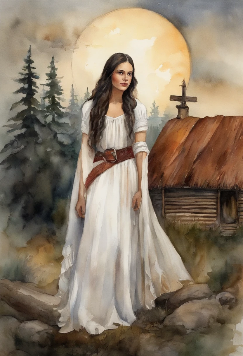 Young girl, Girl , Cowboy shot of beautiful brunette, Beautiful, long braids of dark black hair, hands on thighs, brown eye, White dress with red ornate ruffles, tape, white cape on the shoulders, letho, woods, the night, lunar crescent Gloomy atmosphere, The dark forest behind you, There are clouds in the sky, (Against the background of an old hut, old log house)
