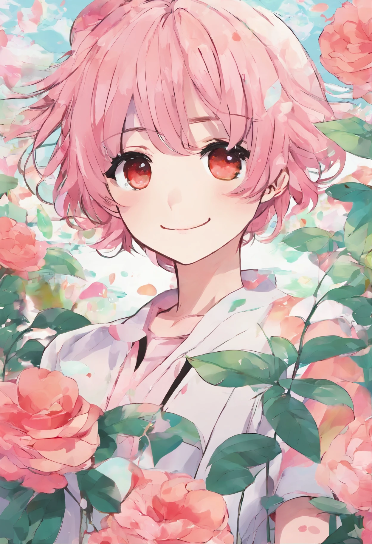 Adorable anime girl with short film, cheveux roses, A mischievous smile, and a love for playing pranks on his friends.