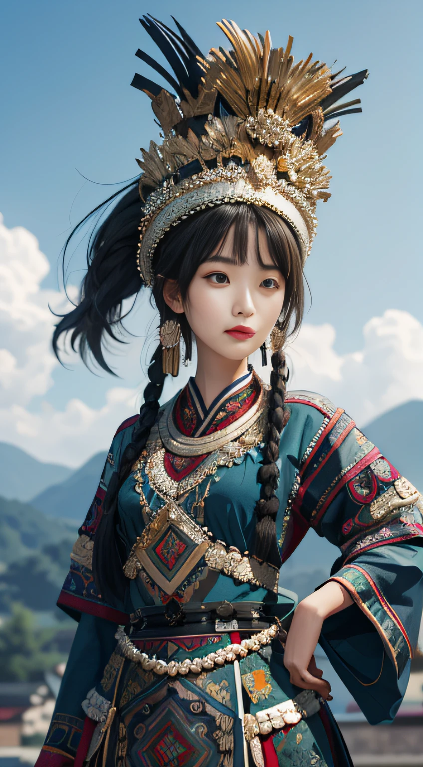 A Hmong，a beauty girl，are standing，Tall and tall，Big eyes melon seed face，Pretty and charming，Peugeot facial features