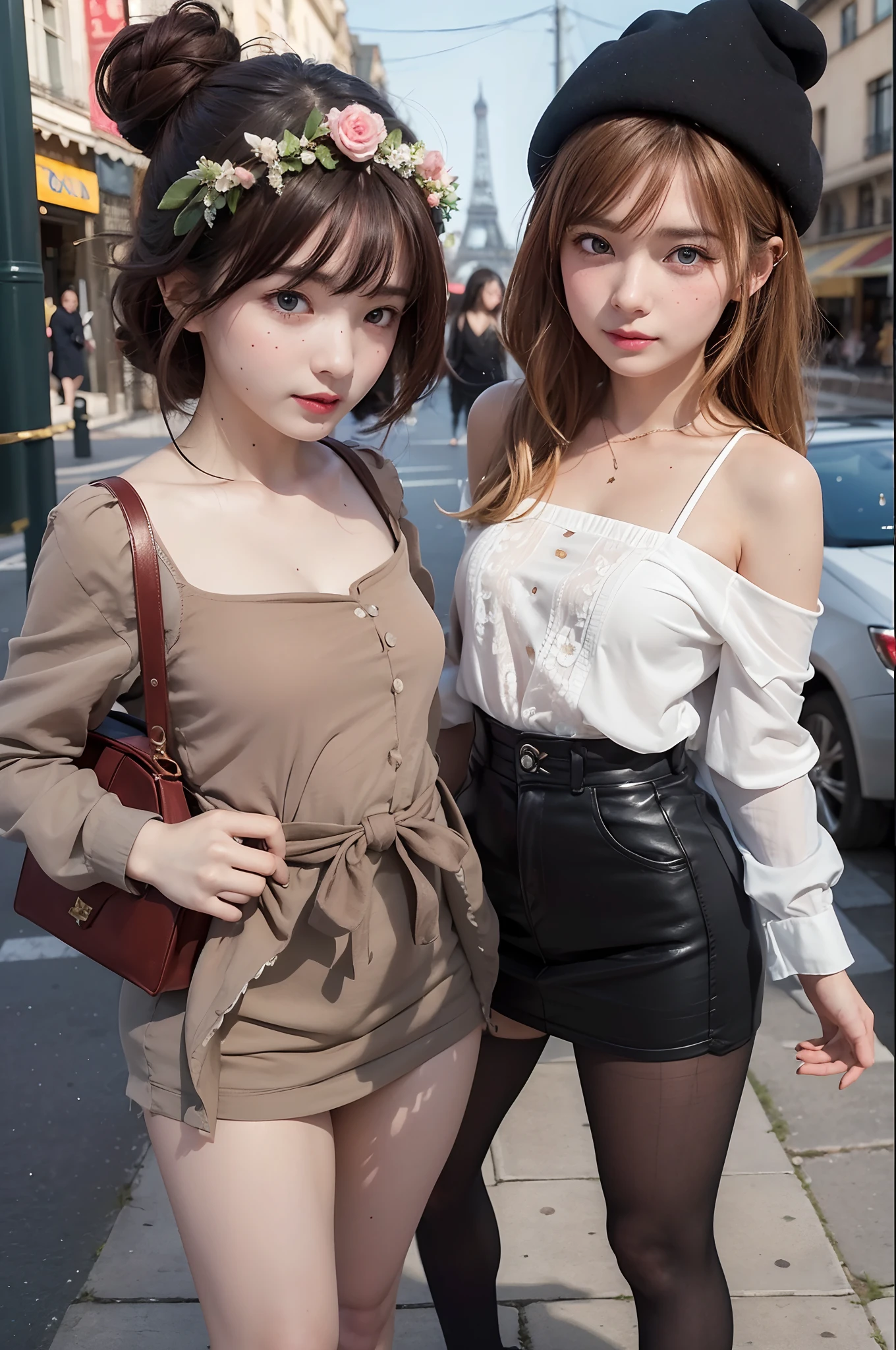 primitive,, (((Two girls,duo,caressing the))),Nikon Z 85mm, award-winning glamorous photography,((Best quality)), ((Masterpiece)), ((Realistic)), 18th century, Vintage image, Beautiful French woman wears, Lace dress, Wearing a crown, 25 years, (Long brown hair), Brown eyes, (Large breasts), Sitting outside a café in Paris, Eiffel tower in the background, small, ((Small breasts)), Innocent, Flower pedal in the air,  ((freckle)), Intricate details, Highly detailed, Sharp focus, professional, 4K, spring flowers blooming, divine rays, Hand model, stunning blue eyes, small, Delicate, Innocent, high resolution, Detailed facial features, High detail, Sharp focus, smooth, Aesthetic, Extremely detailed, photore_\(Supergianthugebreasts\), Photorealistic, Realistic, Post-processing, Maximum detail, Roughness, Real life, Ultra photo realsisim, Photorealism, Photography, 8K  UHD, Photography, light SEMI-SILHOUETTE, russian face