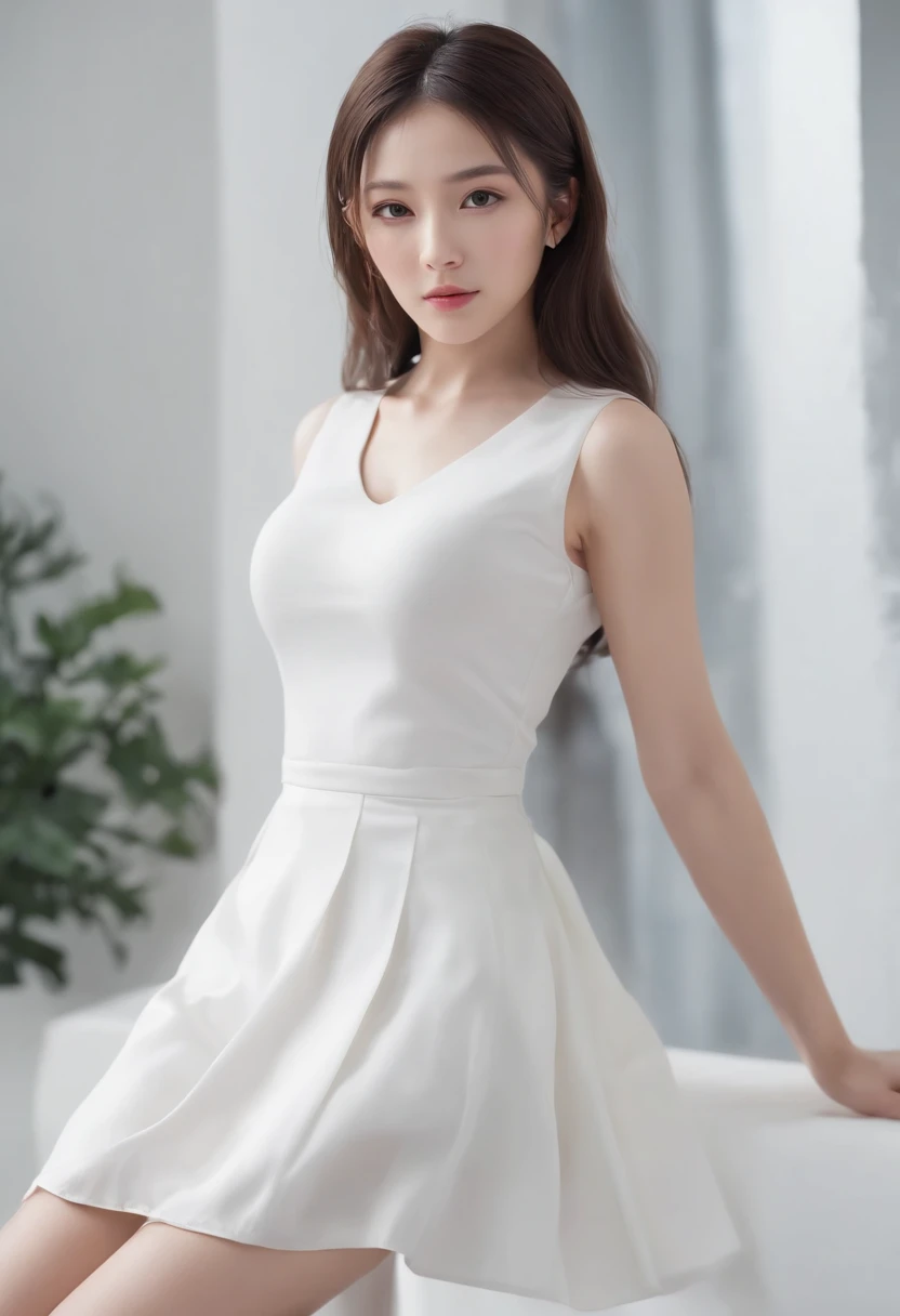 , Visible from the white shirt (((Masterpiece, Highest quality)), , 1 girl, (Photorealistic: 1.4), Solo, White background, Black hair, Long hair, Absolute area, Skirt, ((full bodyesbian)),smooth golden skin, Golden body, shiny metallic glossy skin, shiny plastic，Glossy　spread their legs　M-shaped legs，Aizawa Minami，Shiina Sora ，AV