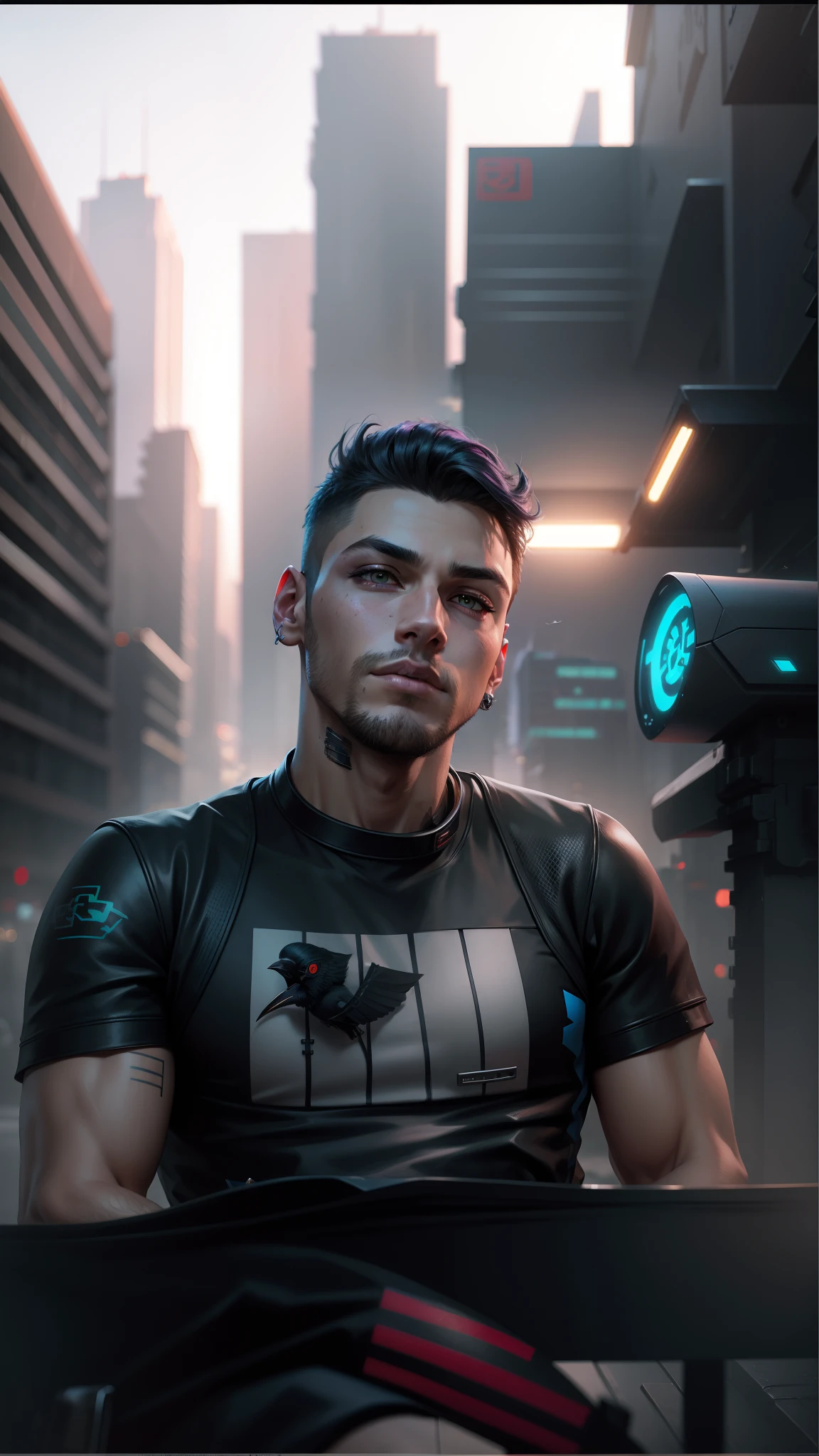 Change background cyberpunk handsome boy, ultra realistic face,crows in the back,8k