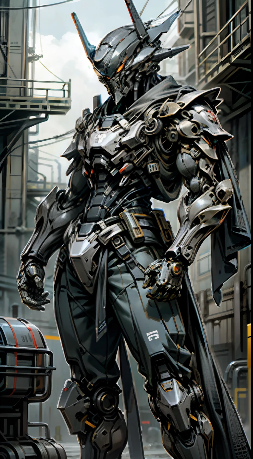 Dark_Fantasy,Cyberpunk,1manMechanical marvel,Robotic presence,Cybernetic guardian, samurai mechanical armour, katana on the waist, absolutely stunning art,wearing a black cloak, highest quality art, highest resolution, hyper detailed,black and red, futuristic, samurai robot, atmospheric,8k,64k, HD, unparalleled masterpiece, dynamic lighting, cinematic, epic