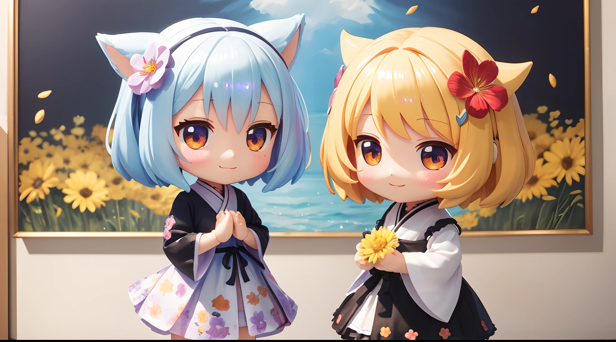 photoRealstic、Doll standing in front of the painting（nendroid）、A smile、Water droplets on the cheeks、In a cute pose、watercolor Nendoroid、(High Definition Figure)、Flowing iridescent silk、up of face、Eye Up、Colorcon with heart pattern、Floral dress、Making a heart with both hands、There are also flowers in front of the nendroids、flower petals、season!!: 夏天☀ 🍂