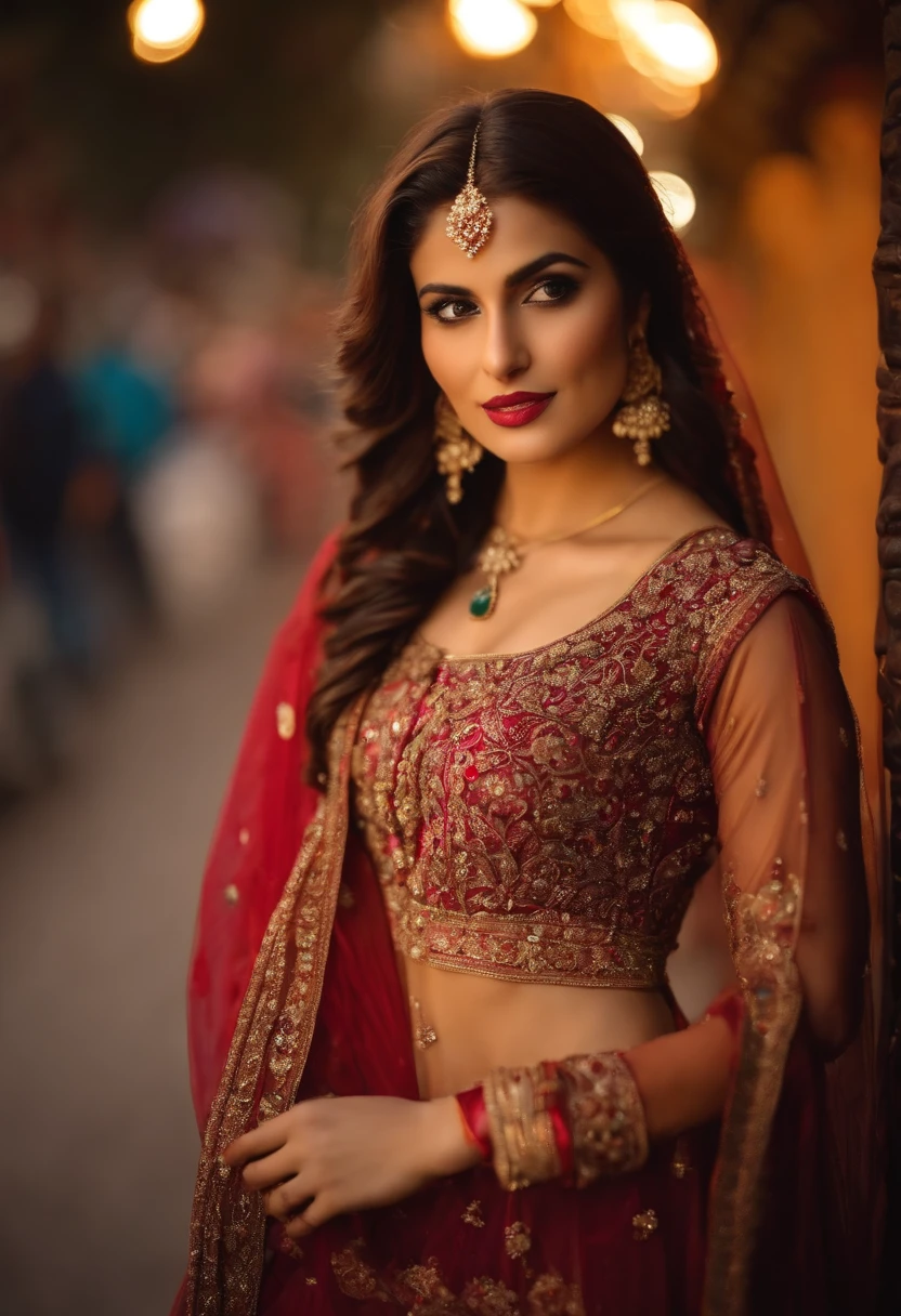 In traditional pakistani sexy dress, seductive pose, standing at lahore streets, side pose