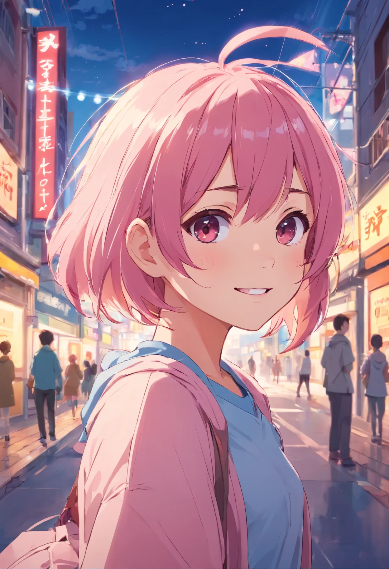 adorable anime girl with short, pink hair, a mischievous grin, and a love for playing pranks on her friends.