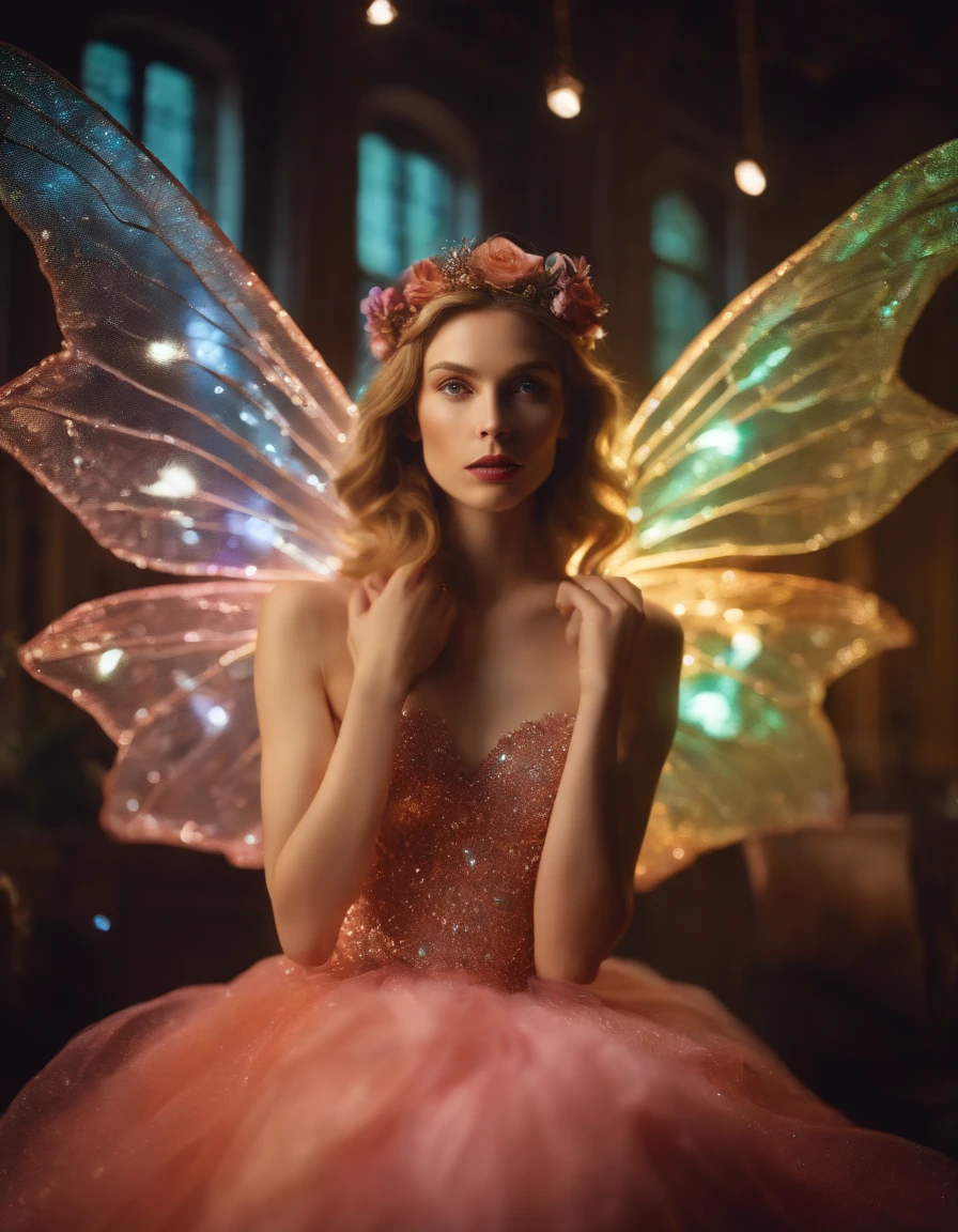 color photo of a mysterious flower fairy with transparent colorful wings, sitting in a divine light, with neon lights, holding a magic wand，axial symmetry, and a magnificent background,silver dress, high heels, flower crown, starry sky background, serene and enigmatic expression, Nikon Z7 II camera, Fujifilm Velvia 50 film, 50mm lens, high saturation, Tim Walker, David LaChapelle, Sofia Coppola, Valentino, Alexander McQueen,((close-up))