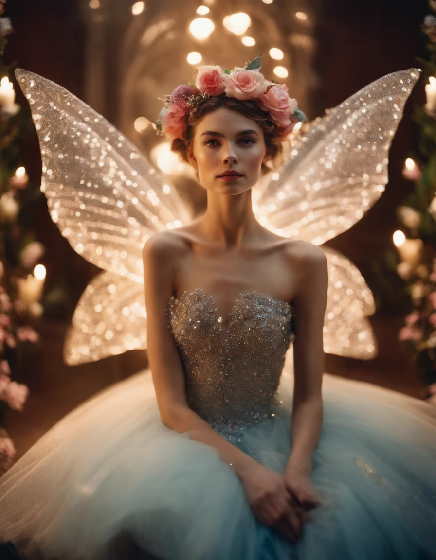 color photo of a mysterious flower fairy with transparent colorful wings, sitting in a divine light, with neon lights, holding a magic wand，axial symmetry, and a magnificent background.silver dress, high heels, flower crown, starry sky background, serene and enigmatic expression, Nikon Z7 II camera, Fujifilm Velvia 50 film, 50mm lens, high saturation, Tim Walker, David LaChapelle, Sofia Coppola, Valentino, Alexander McQueen,((close-up))