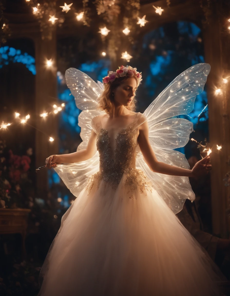 color photo of a mysterious flower fairy with transparent colorful wings, sitting in a divine light, with neon lights, holding a magic wand，axial symmetry, and a magnificent background,silver dress, high heels, flower crown, starry sky background, serene and enigmatic expression, Nikon Z7 II camera, Fujifilm Velvia 50 film, 50mm lens, high saturation, Tim Walker, David LaChapelle, Sofia Coppola, Valentino, Alexander McQueen,((close-up))