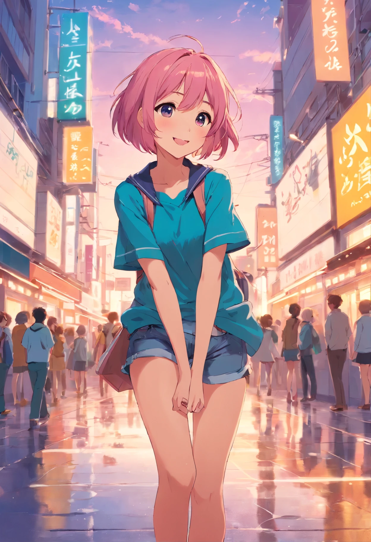 adorable anime girl with short, pink hair, a mischievous grin, and a love for playing pranks on her friends.