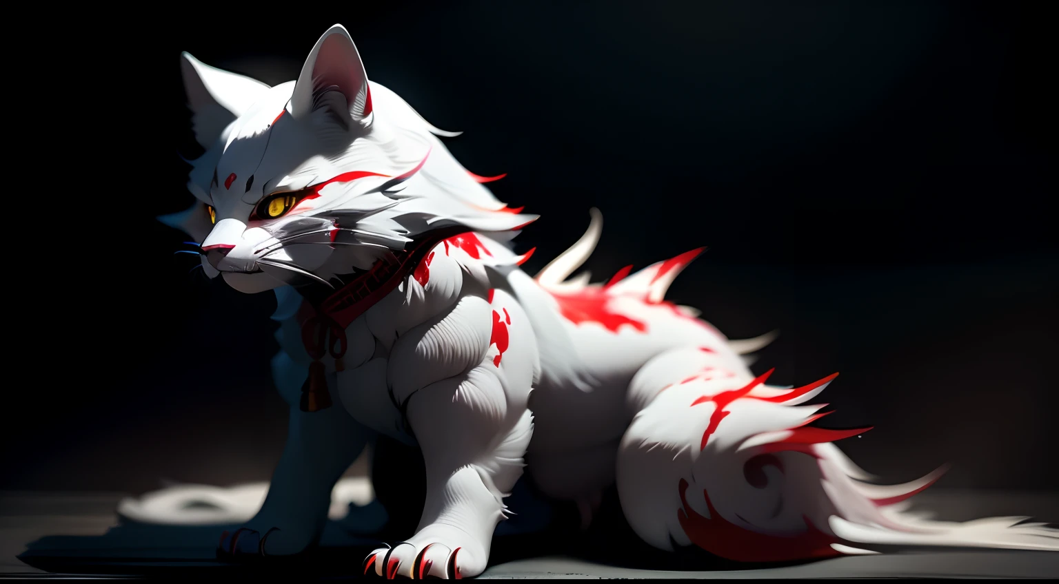 Best quality,Masterpiece,超高分辨率,(Photorealistic:1.4)Big cat,Fierce,Pounce on the camera,(Dynamic Angle),True blood,Angry,Gape,red - eyed,White fangs,(White hair), red color eyes, (full bodyesbian), (((Claws))), Blood drop,Blood fog, Floating hair,Splashing blood,(blood stain),