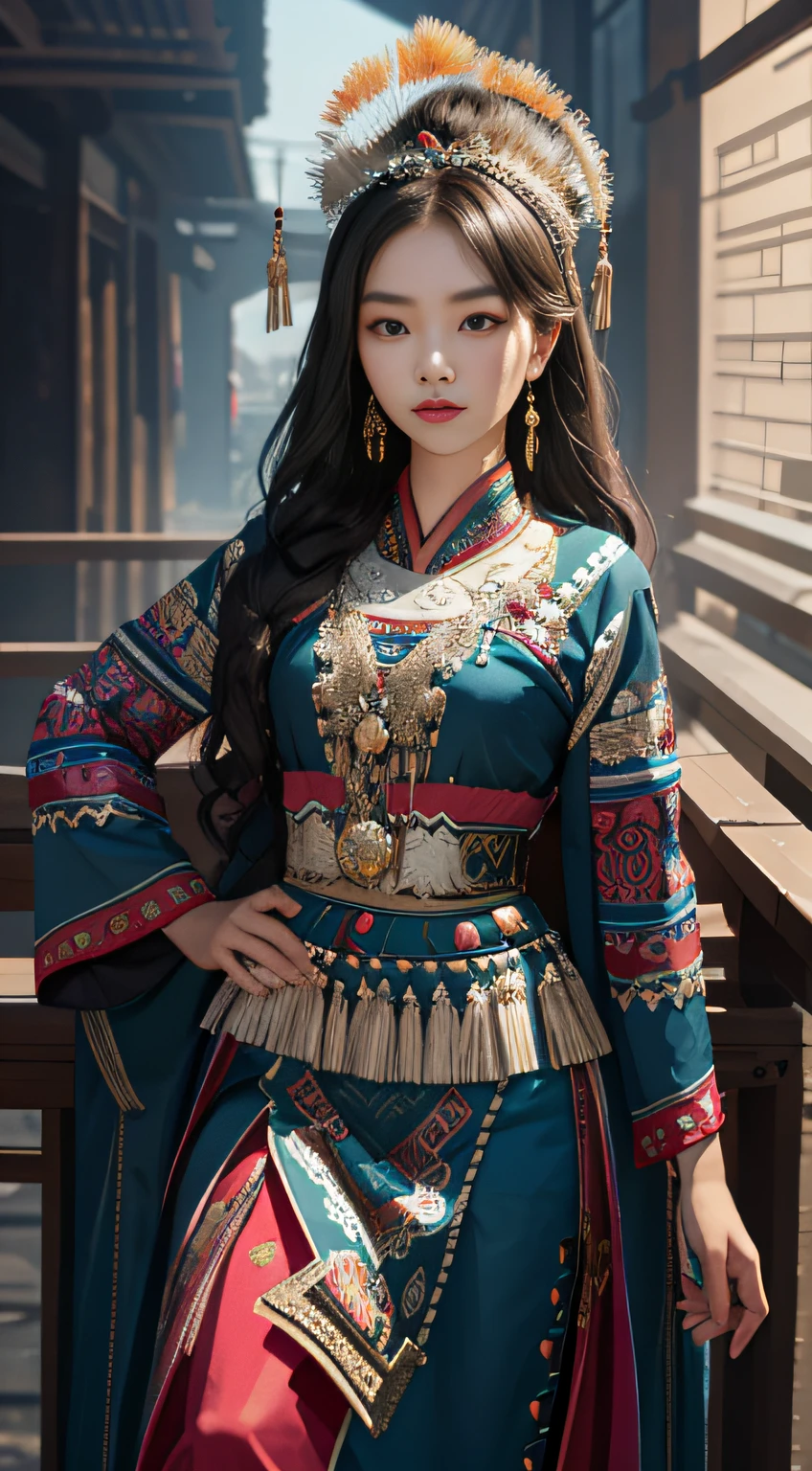 A Hmong，a beauty girl，are standing，Tall and tall，Big eyes melon seed face，Pretty and charming，Peugeot facial features