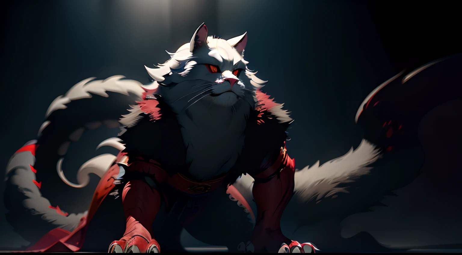 Best quality,Masterpiece,超高分辨率,(Photorealistic:1.4)Big cat,Fierce,Pounce on the camera,(Dynamic Angle),True blood,Angry,Gape,red - eyed,White fangs,(White hair), red color eyes, (full bodyesbian), (((Claws))), Blood drop,Blood fog, Floating hair,Splashing blood,(blood stain),