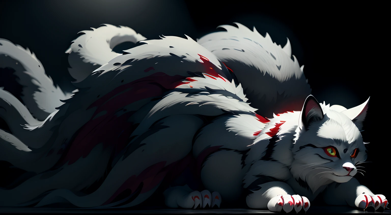 Best quality,Masterpiece,超高分辨率,(Photorealistic:1.4)Big cat,Fierce，Pounce on the camera,(Dynamic Angle),True blood,Angry,Gape,red - eyed,White fangs,(White hair), red color eyes, (full bodyesbian), (((Claws))), Blood drop,Blood fog, Floating hair，Splashing blood,(blood stain),