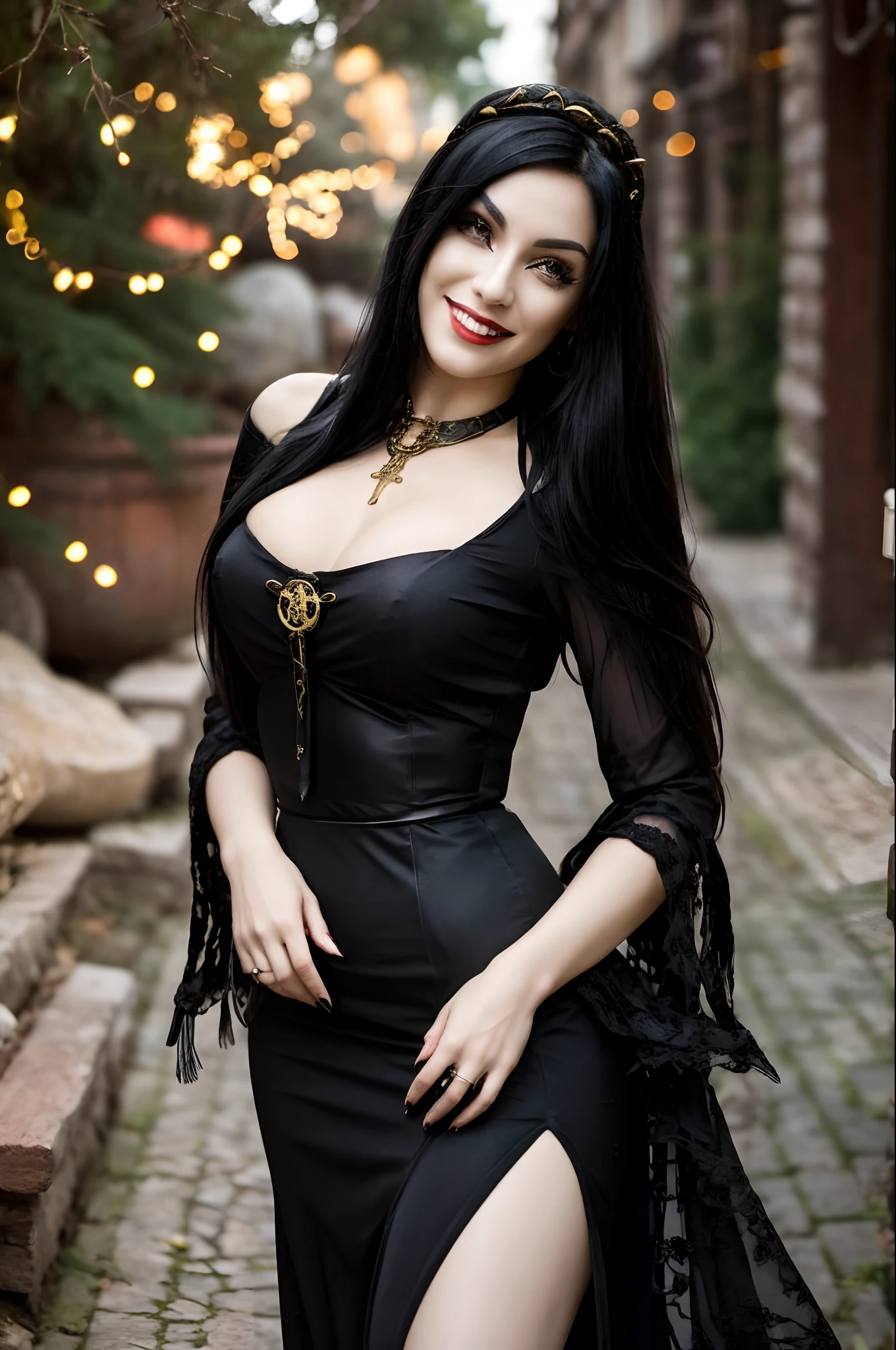 A lithe beautiful goth woman with long black hair (fringe haircut), brass eyes, smiling sweetly, wearing a dark red elegant dress, empty candle-lit medieval street background