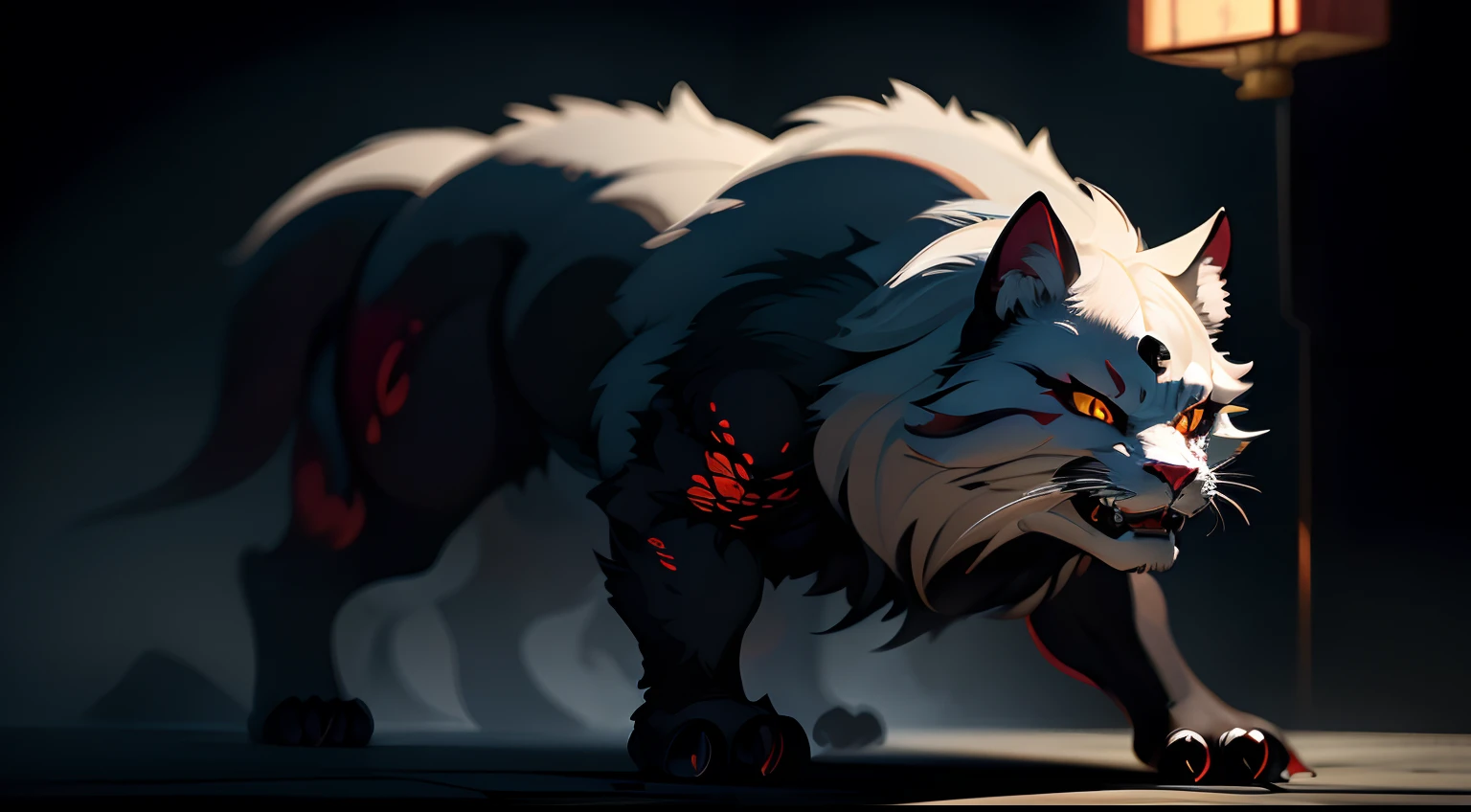 Best quality,Masterpiece,超高分辨率,(Photorealistic:1.4)Big cat,Fierce,Prepare for a raid,(Dynamic Angle),True blood,Angry,Gape,red - eyed,White fangs, red color eyes, (full bodyesbian), (((Claws))), (Beautiful detailed eyes), Blood drop,Blood fog, Floating hair,Splashing blood,(blood stain),